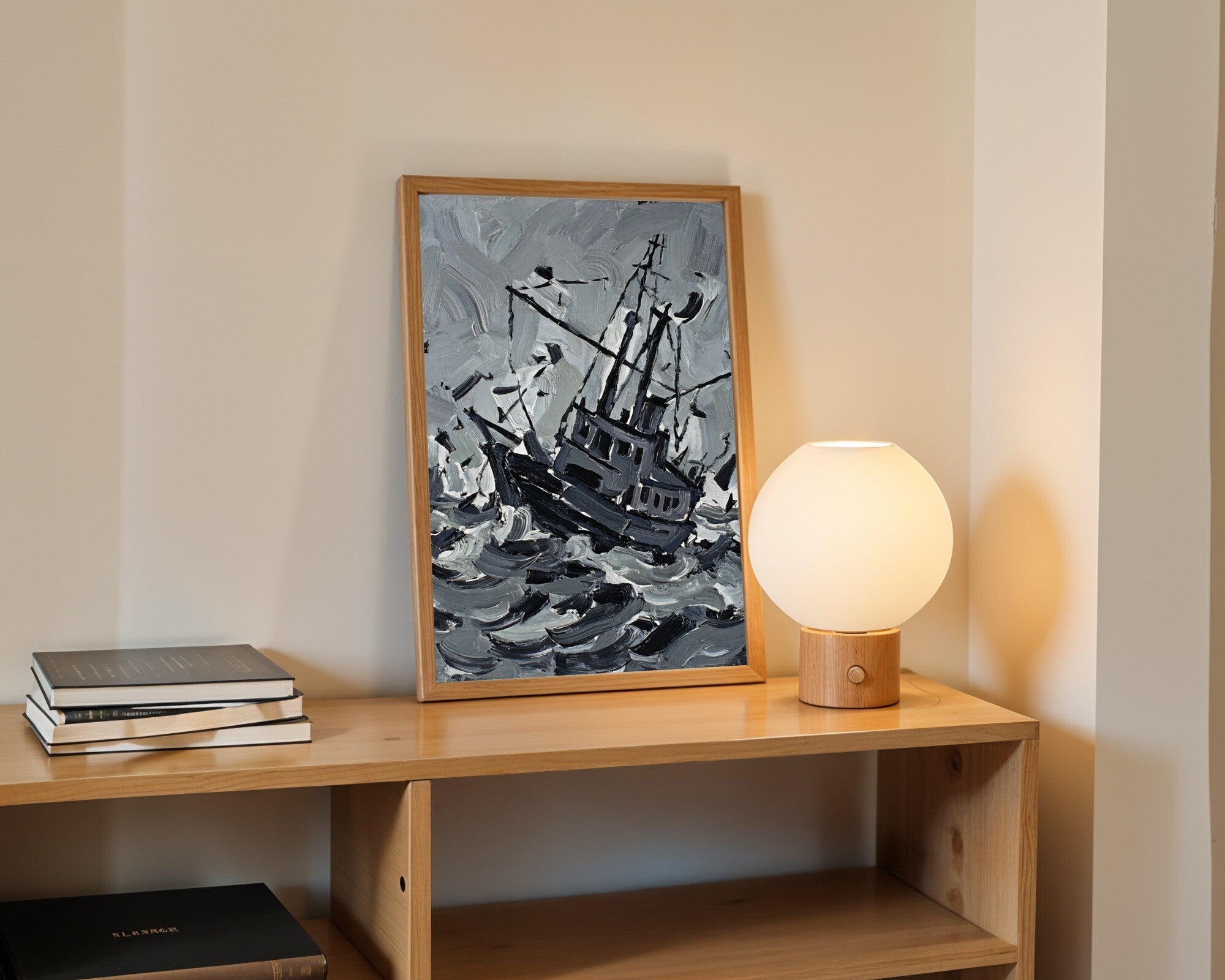 Into the Void, Fractured Ship Wall Art | Gestural Impasto Art Print, Slate Grey & Charcoal — room-p-shelf-wood