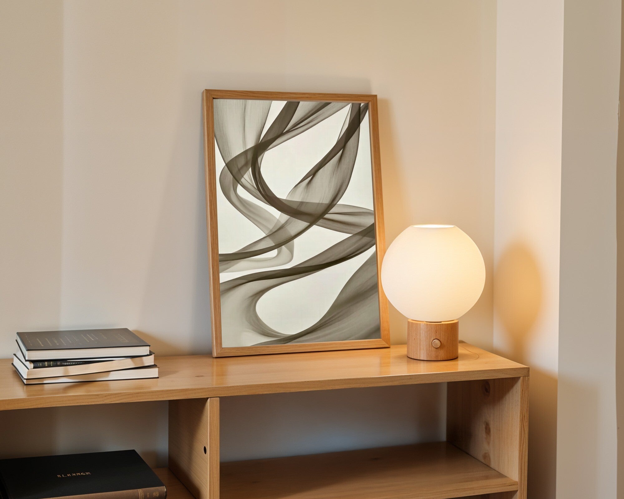 Flowing Silk Filaments Wall Art | Art Nouveau Whiplash | Monochrome Abstract Print — room-p-shelf-wood