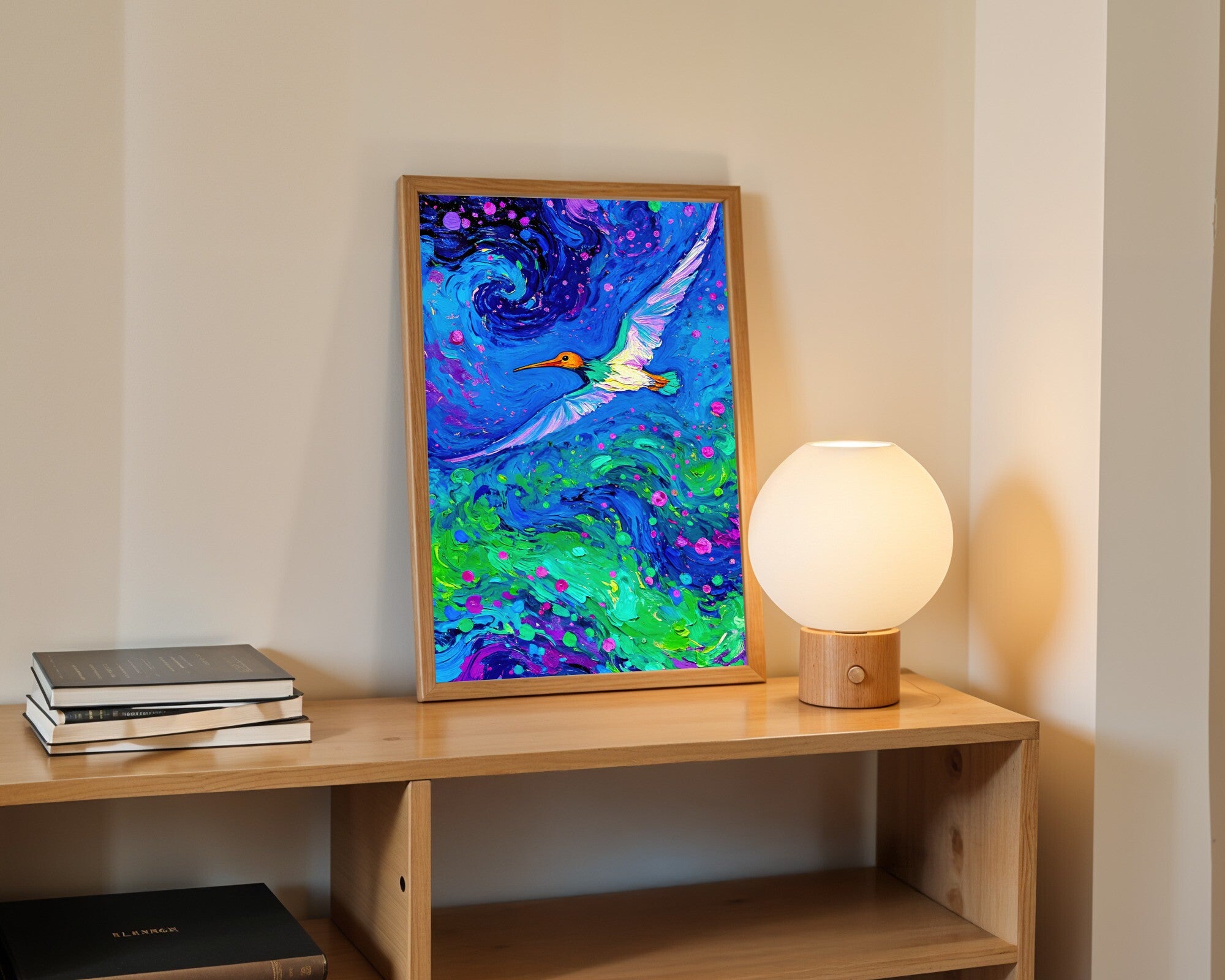 Swiftlet in the Vortex, Gestural Impasto Oil Art Print | Jewel Tone Bird Wall Art — room-p-shelf-wood