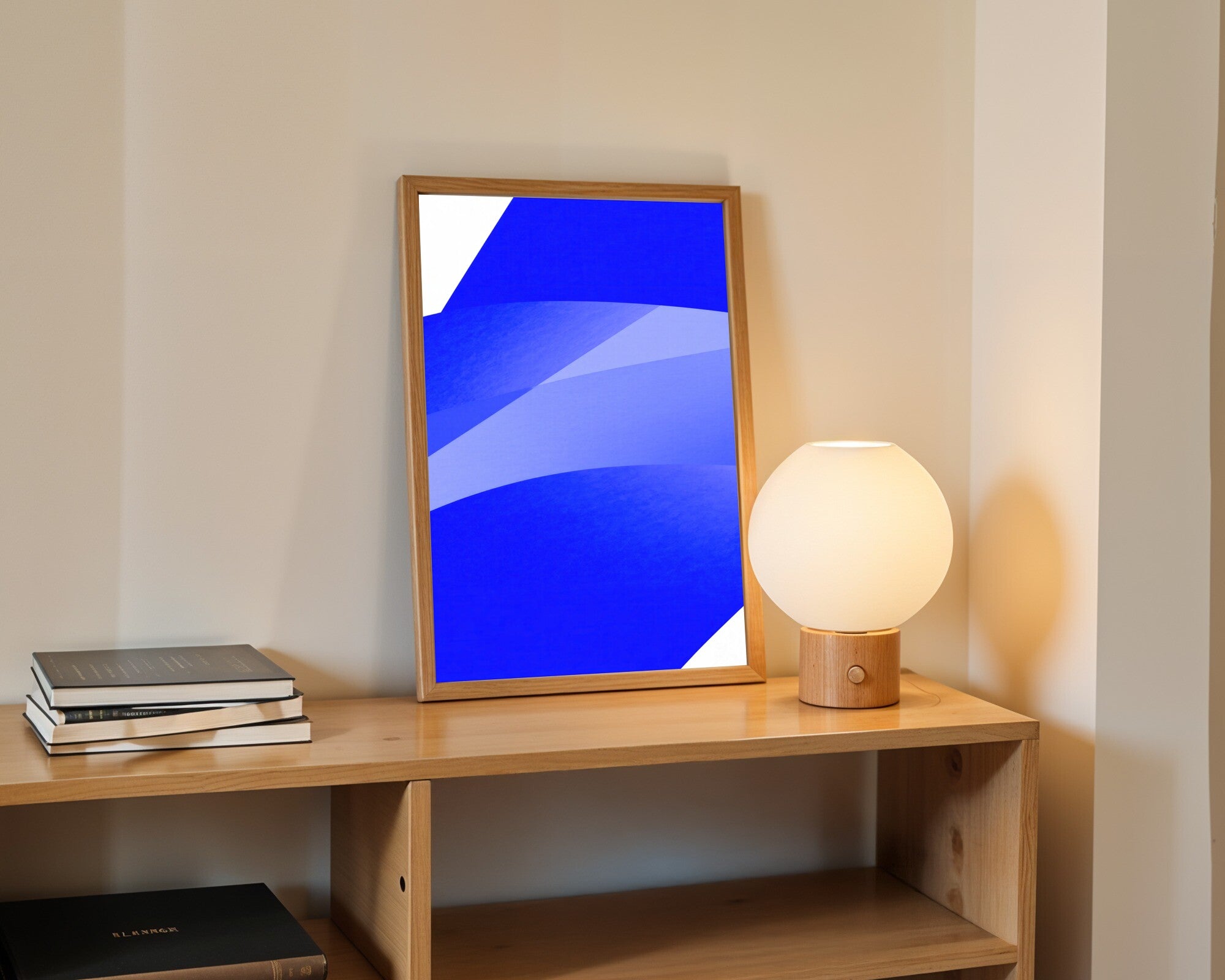 Indigo Depths, Deep Navy Abstract Art Print | Minimalist Blue Wall Art — room-p-shelf-wood