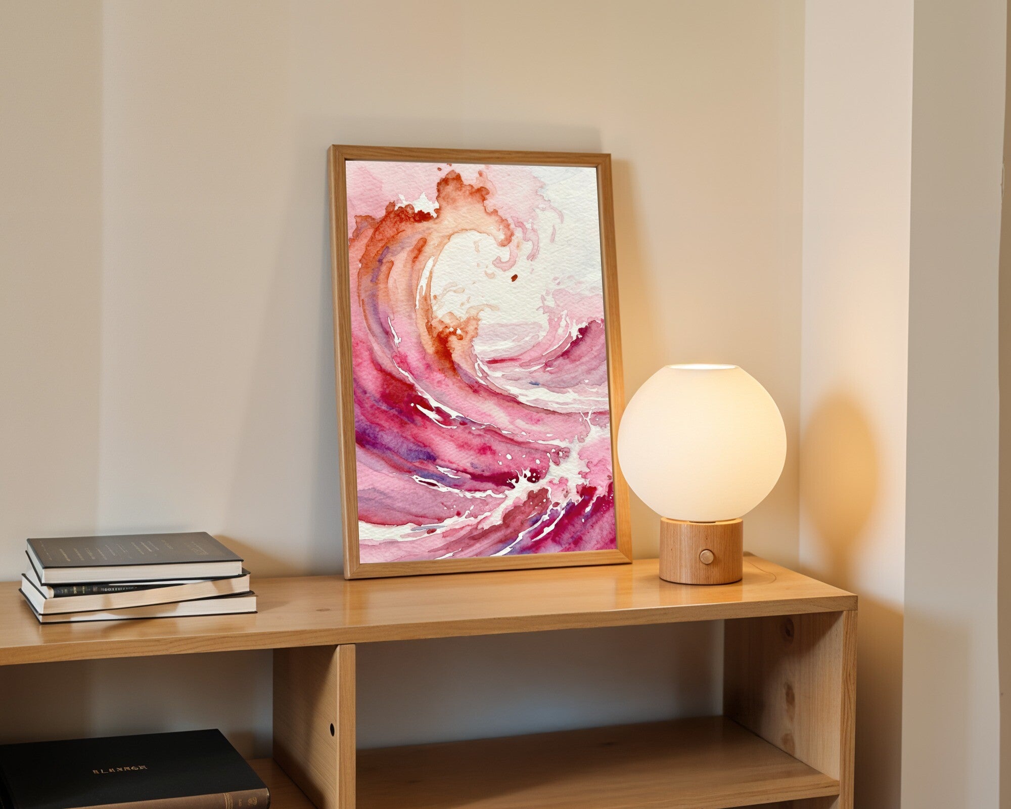 Crimson Tide Watercolour Wall Art Print, Seascape in Raspberry Blush and Rust — room-p-shelf-wood