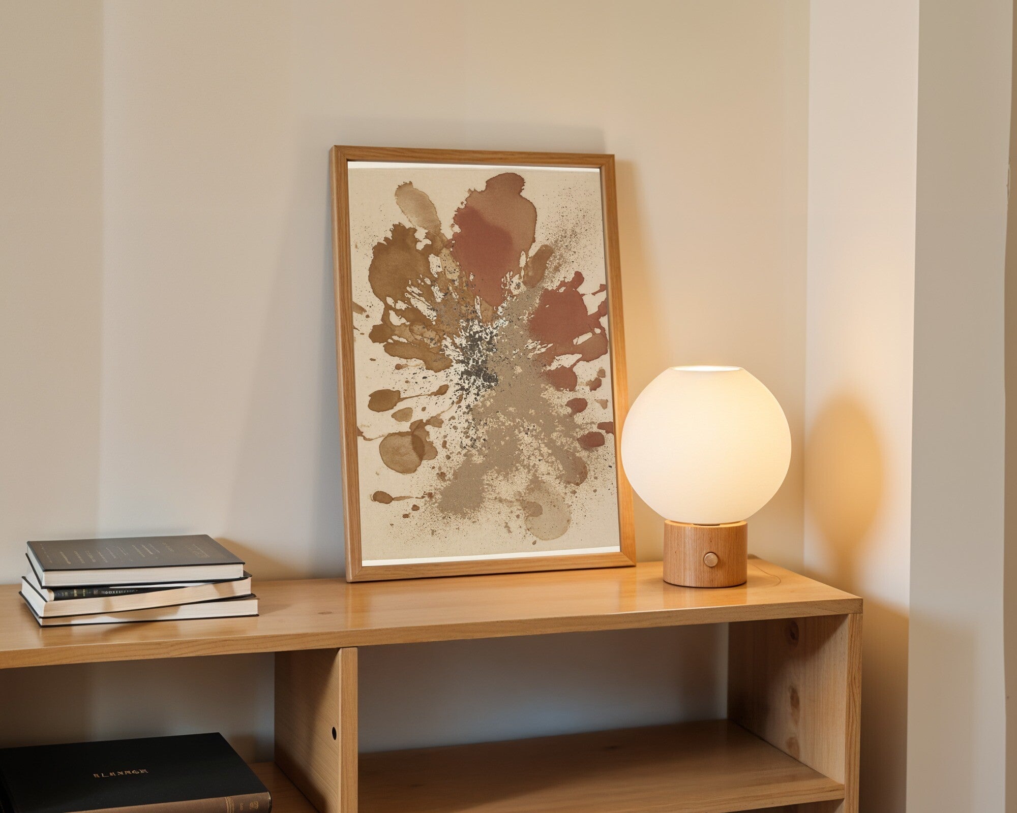 Gathering, Earth Tone Abstract Art Print | Monoprint Wall Art in Umber & Terracotta — room-p-shelf-wood
