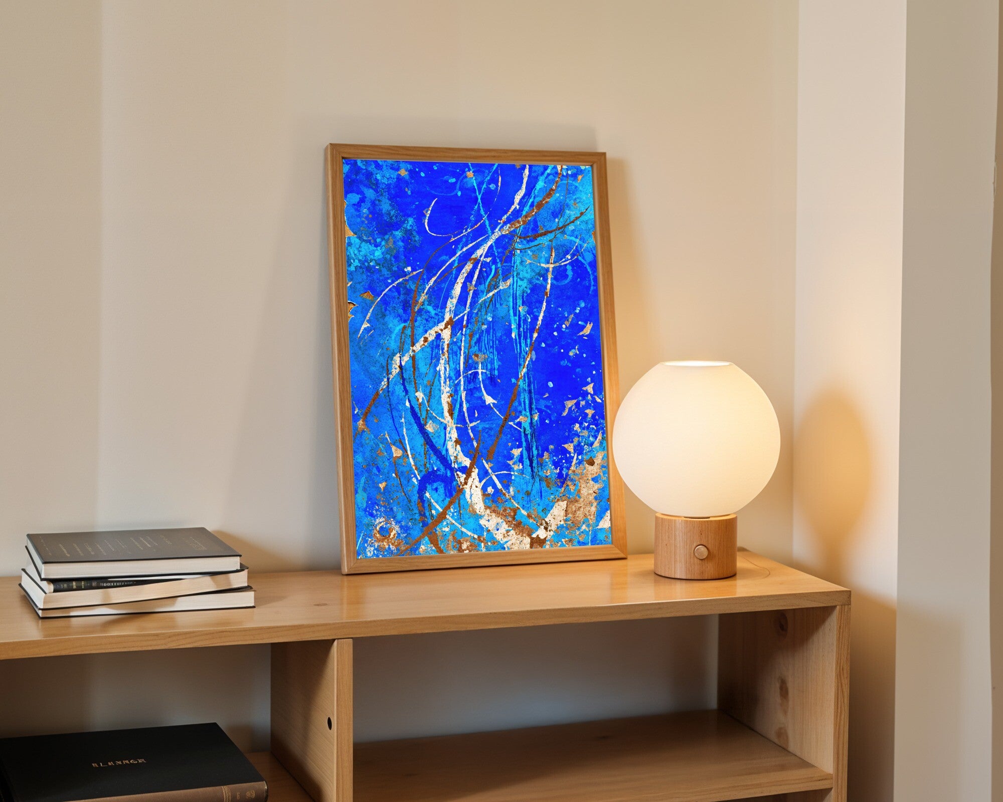 Fractured Fresco, Gestural Abstract Wall Art in Cobalt Blue & Burnt Sienna, Art Print — room-p-shelf-wood