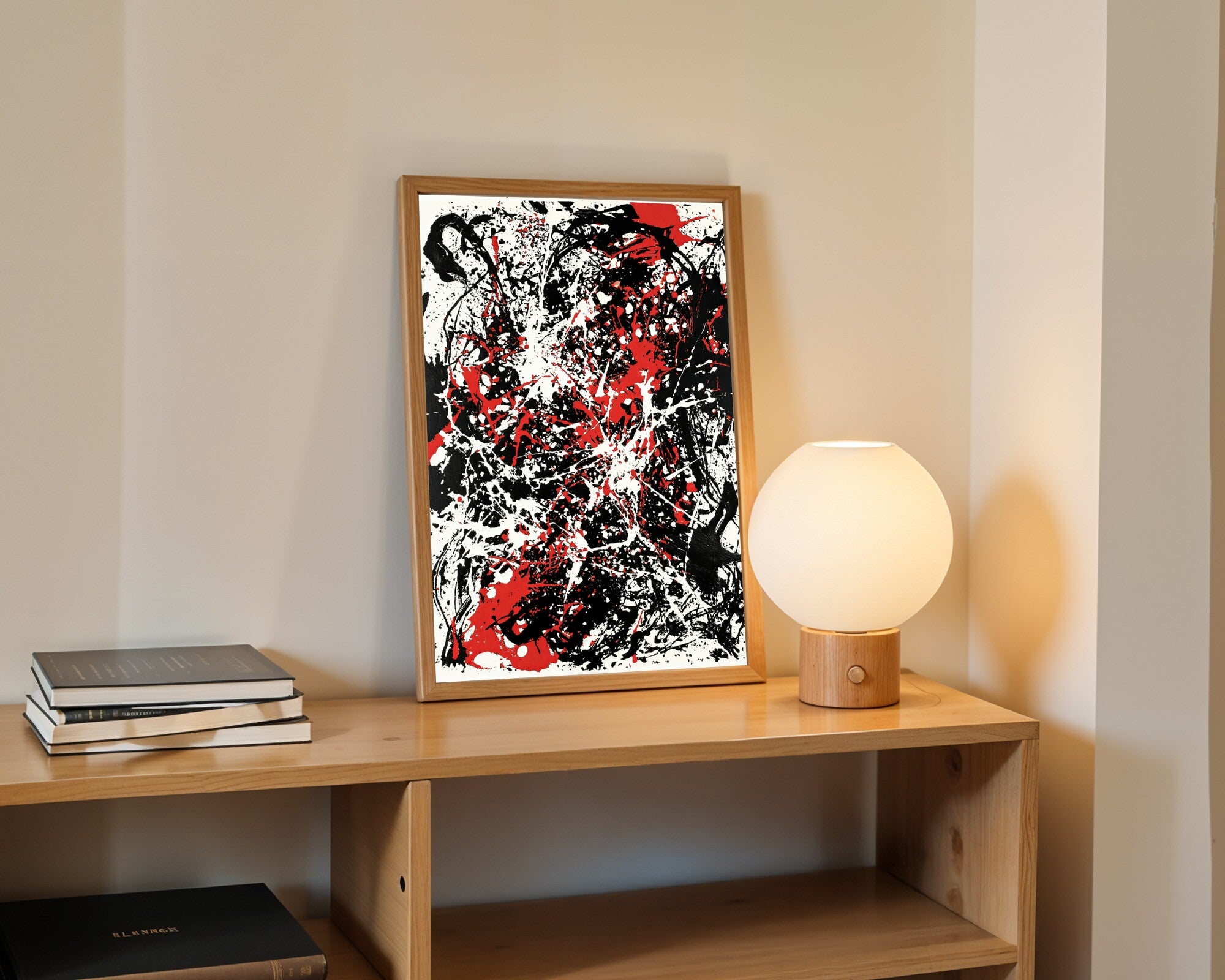 Turbulent Gestural Chaos, Black & Vermilion Abstract Art Print | Bold Monoprint Wall Art — room-p-shelf-wood