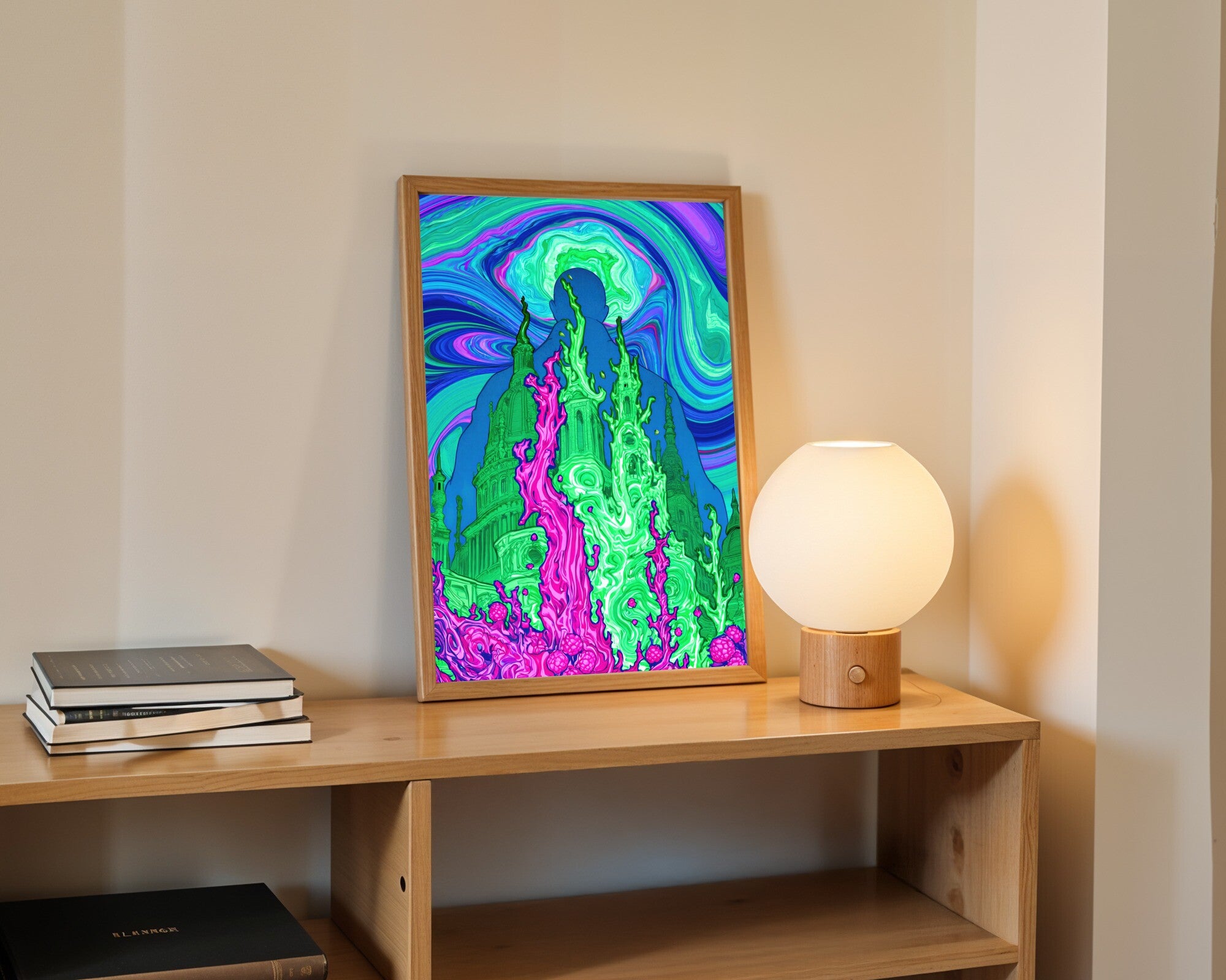 Celestial Architect, Psychedelic Cityscape Wall Art | Liquid-Light Abstract Art Print — room-p-shelf-wood