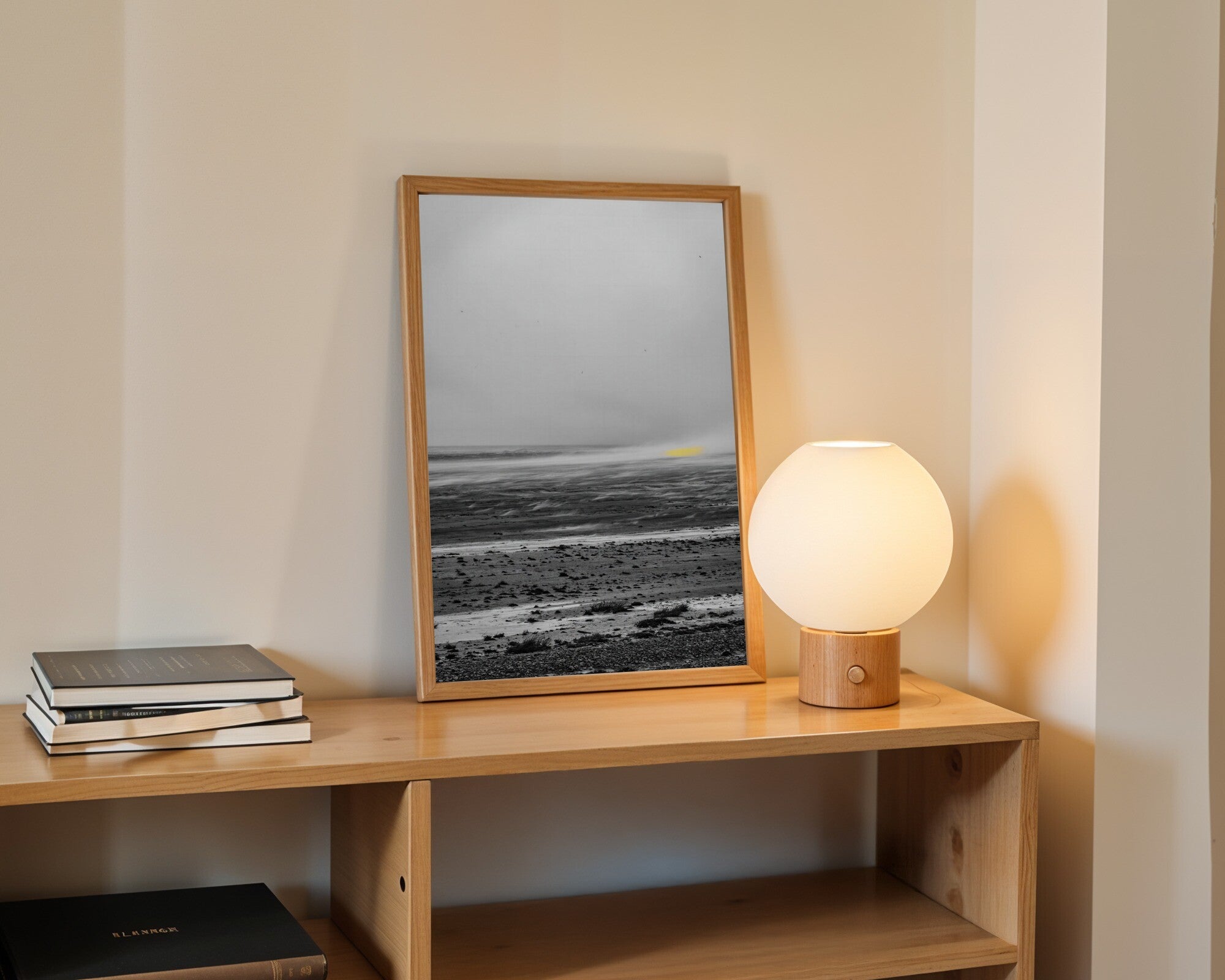 Parched Wind, Graphite Landscape Wall Art | Minimalist Monochrome Art Print with Sulphur Accent — room-p-shelf-wood