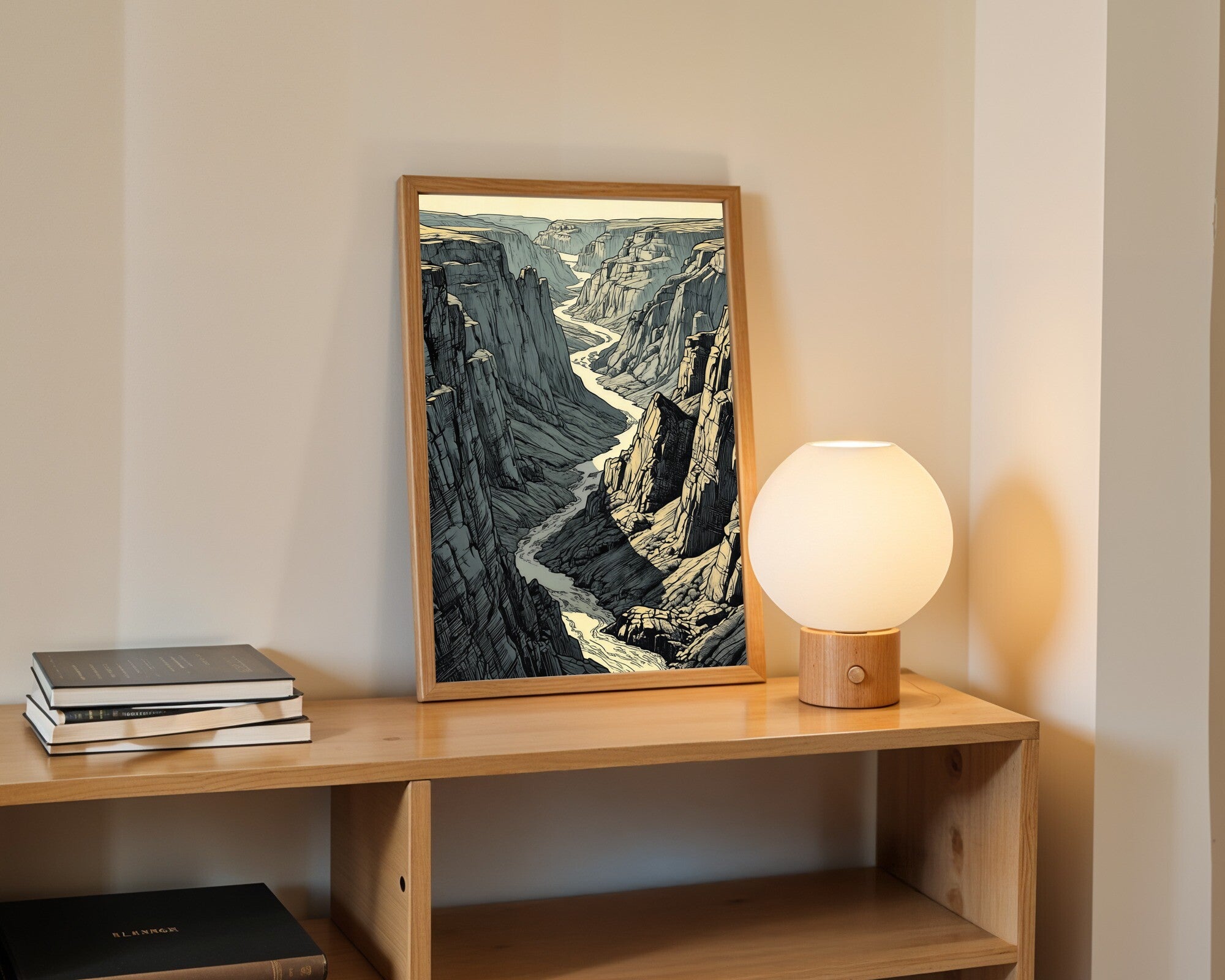 The Great River, Canyon Landscape Art Print | Ink Cross-Hatch | Graphite & Sepia Wall Art — room-p-shelf-wood