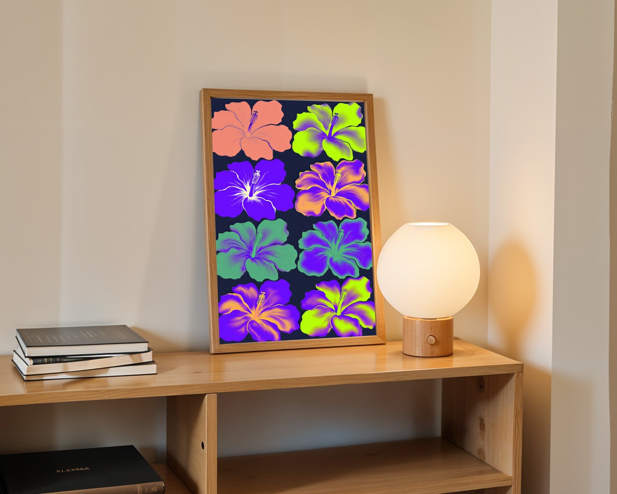 Hibiscus Silhouette Wall Art, Psychedelic Botanical Art Print in Iris, Salmon & Lime — room-p-shelf-wood