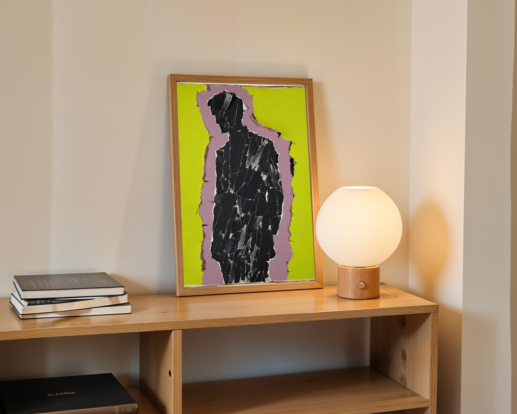 Torn Paper Collage Silhouette Wall Art · Monumental Figure Art Print in Mauve and Citron — room-p-shelf-wood