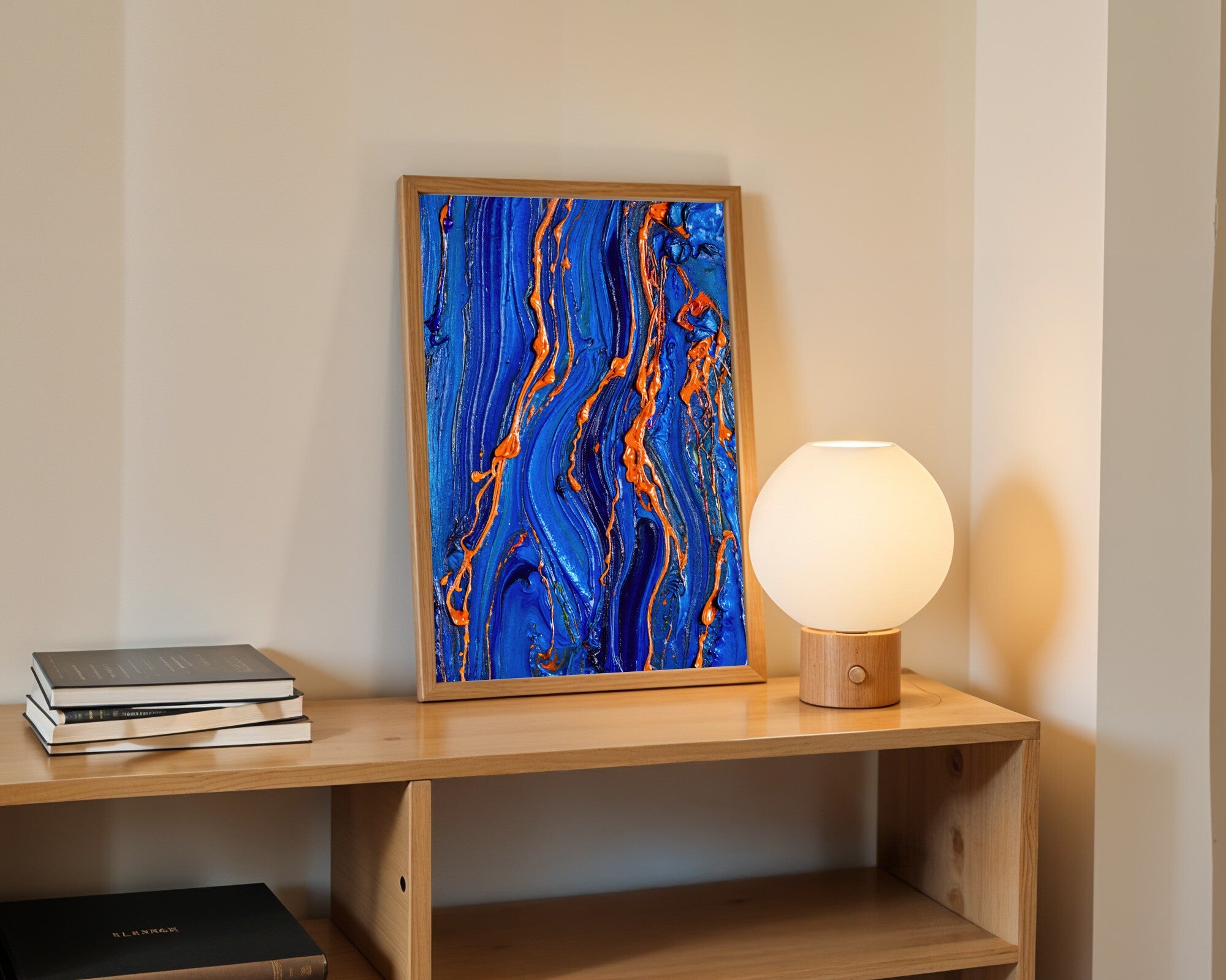 Woven Dusk, Encaustic Abstract Art Print | Midnight Indigo & Burnt Orange Textured Wall Art — room-p-shelf-wood
