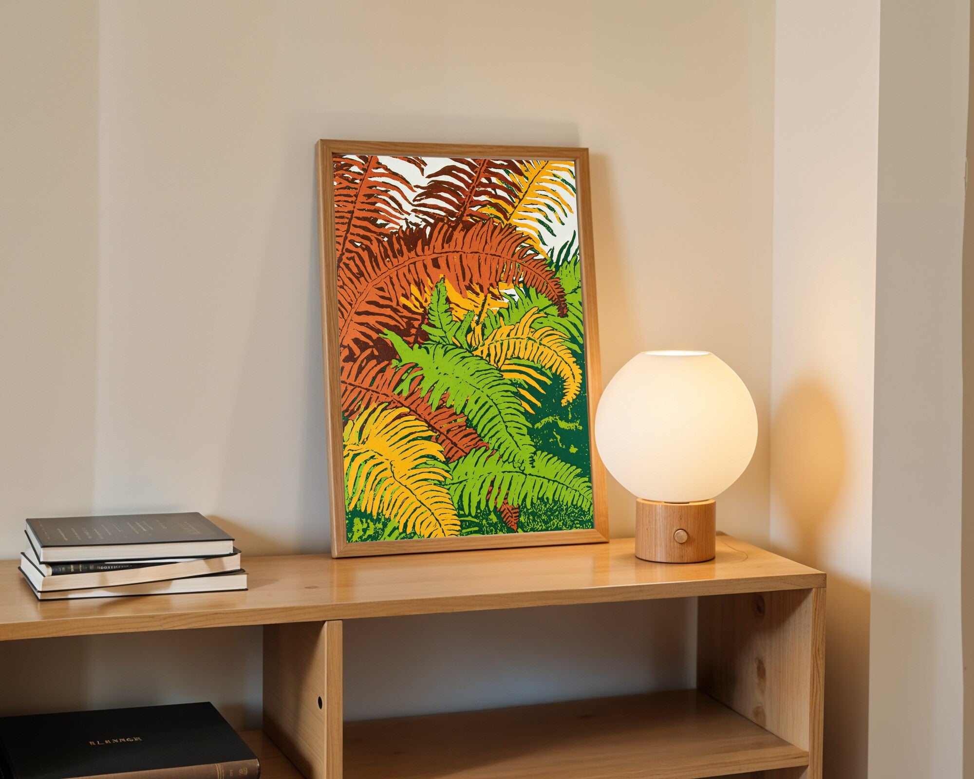 Fern Canopy, Botanical Risograph Art Print | Lush Wall Art for Plant Lovers — room-p-shelf-wood