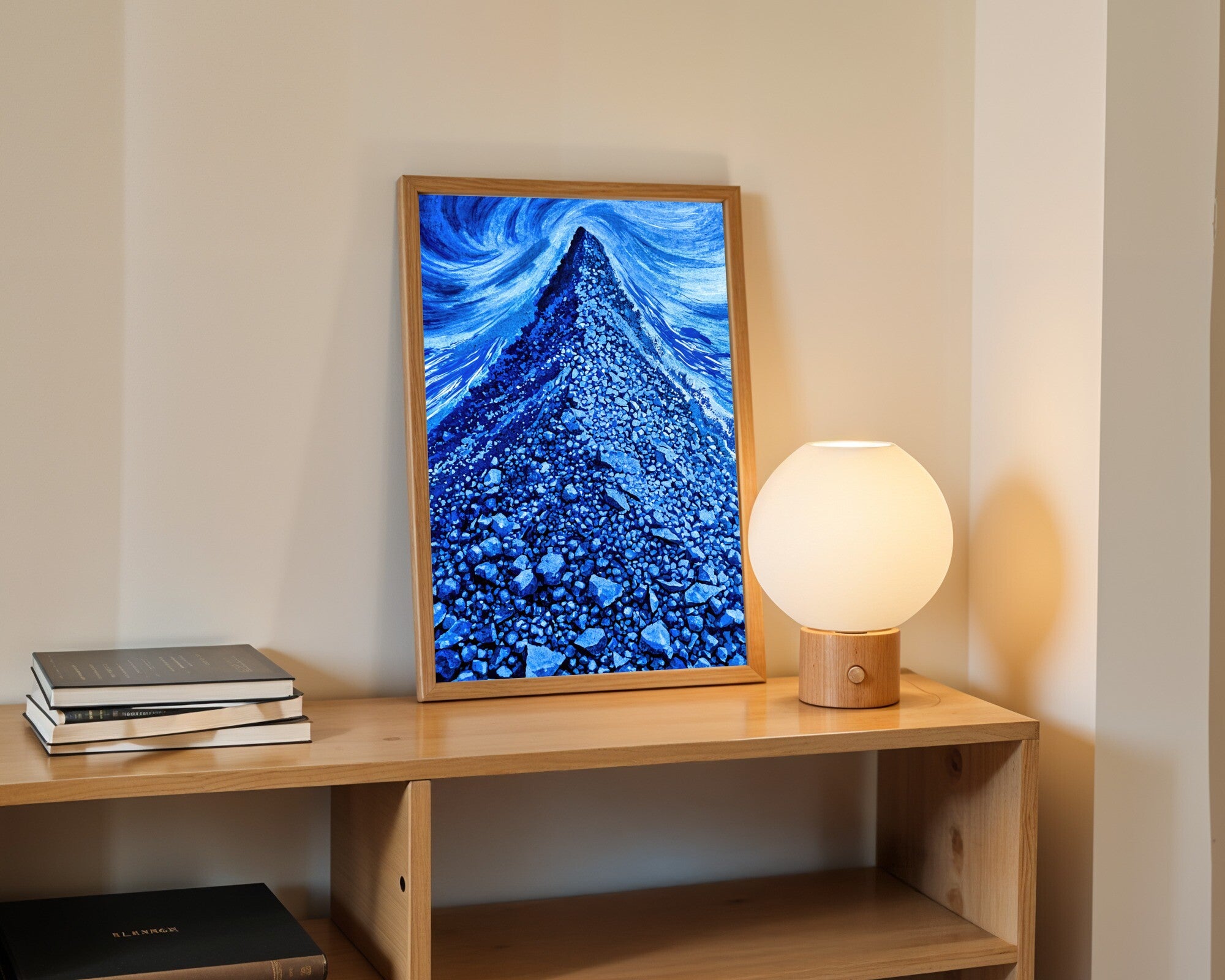 Cobalt Scree, Abstract Monochrome Wall Art | Dark Blue Gestural Art Print — room-p-shelf-wood