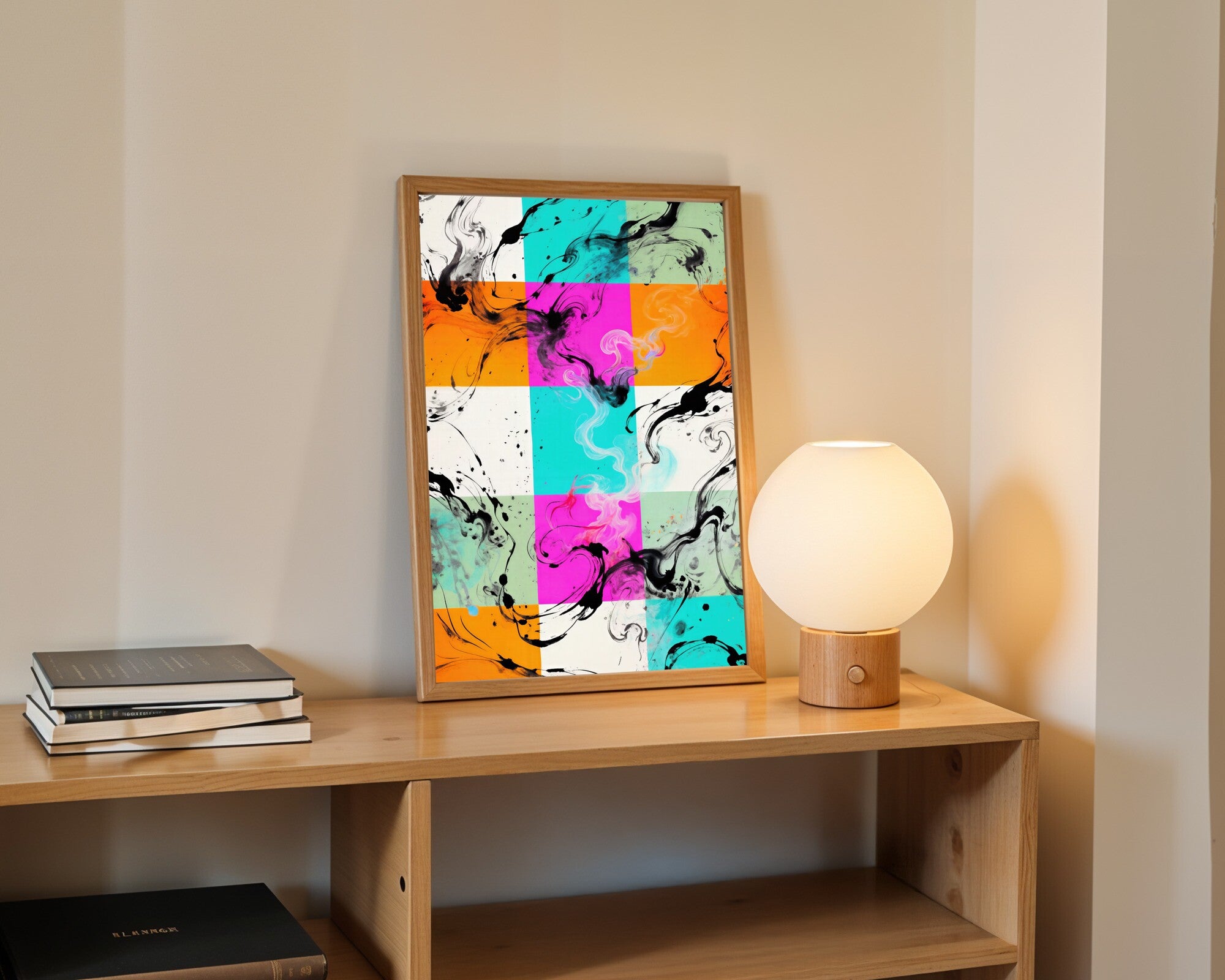 Calefaction, Sumi-e Ink Wash Heat Wave Wall Art Print | Turquoise Fuchsia Tangerine — room-p-shelf-wood
