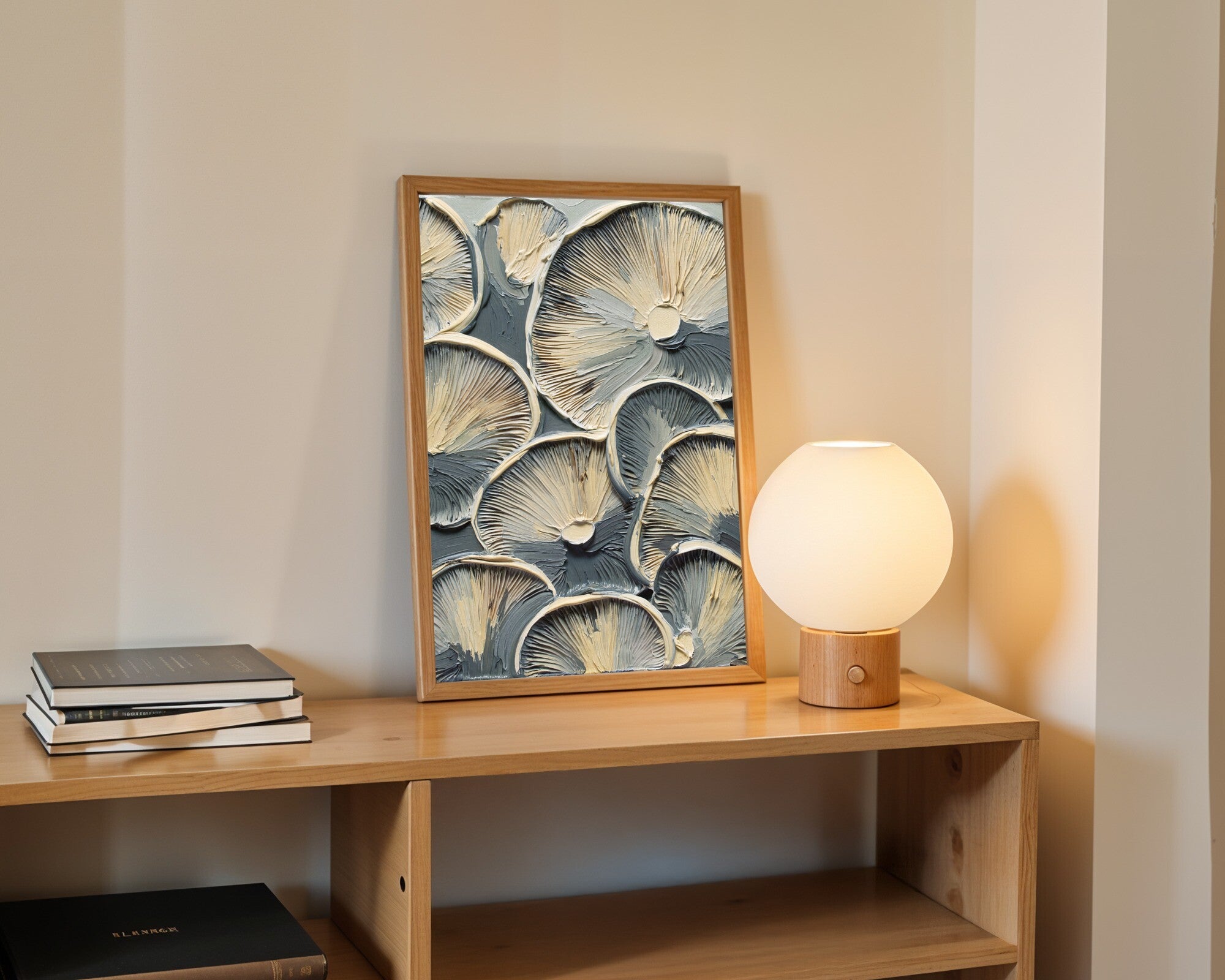 Mushroom Gills Art Print, Minimal Spattered Impasto Study, Warm Grey & Pewter Wall Art — room-p-shelf-wood
