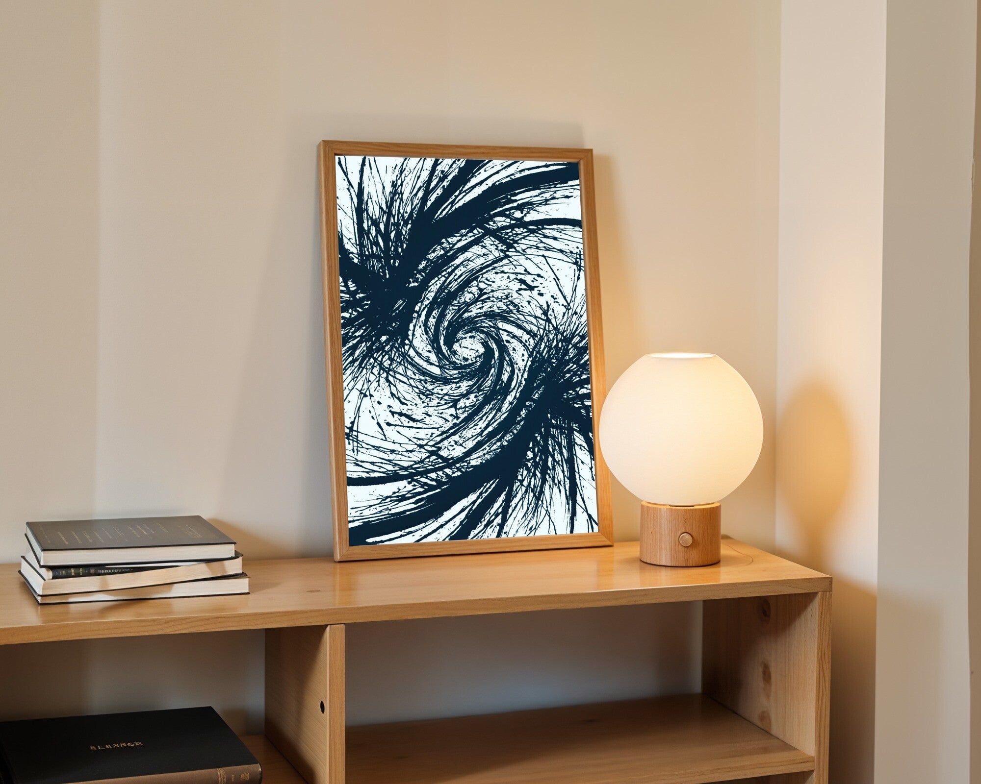 Centrifugal Void, Duotone Sumi-E Ink Wall Art | Abstract Brushstroke Art Print — room-p-shelf-wood
