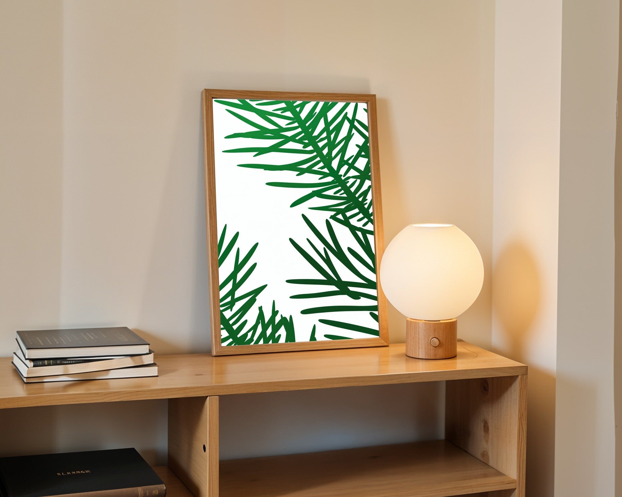 Viridian Spruce Branch Art Print | Minimalist Botanical Wall Art | Oriental Line Art — room-p-shelf-wood