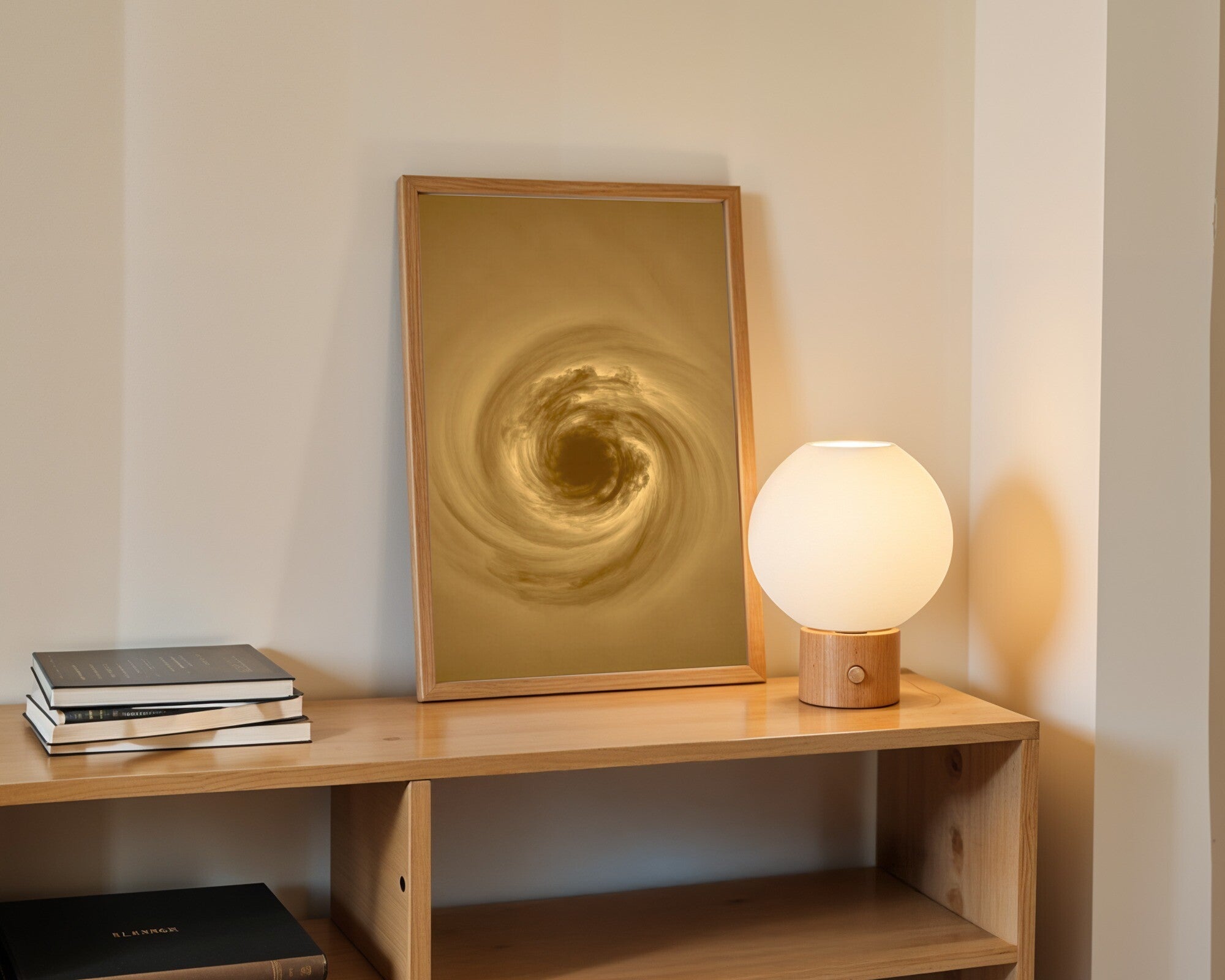 Orbital Gravity, Abstract Cosmic Art Print in Ochre & Sienna | Monoprint Wall Art — room-p-shelf-wood