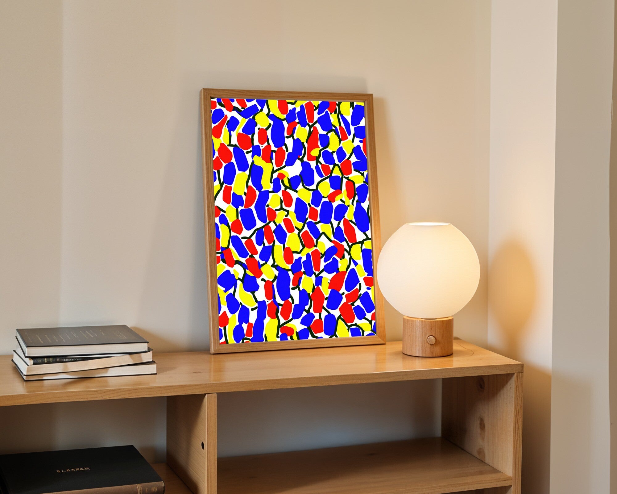 Fractured Field, Bold Primary Colour-Field Abstract Wall Art Print | Red Blue Yellow — room-p-shelf-wood
