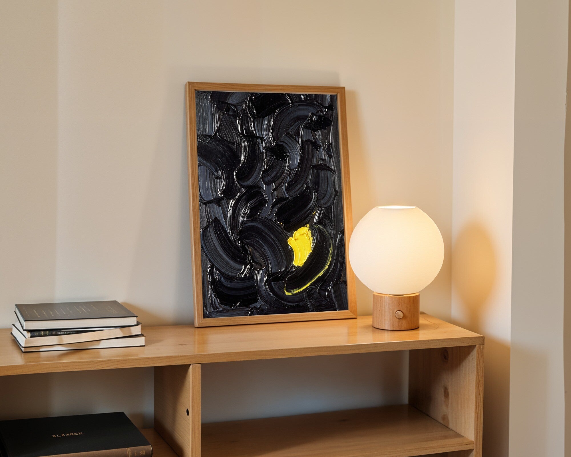 One Citron Stroke, Gestural Abstract Wall Art | Dark Impasto Oil Art Print — room-p-shelf-wood