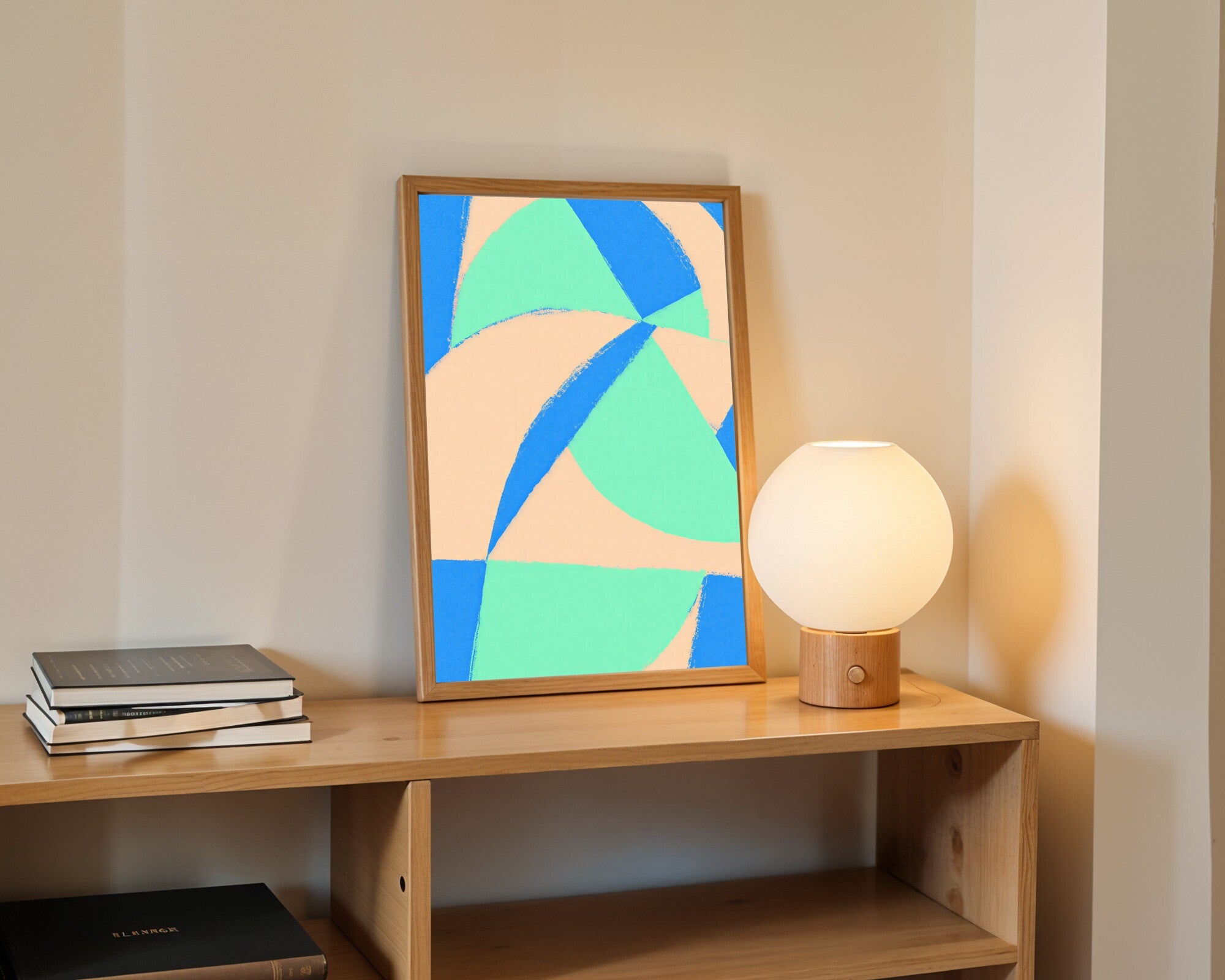 Pastel Geometric Wall Art, Hard-Edge Crescents & Triangles | Apricot Mint Blue Abstract Art Print — room-p-shelf-wood