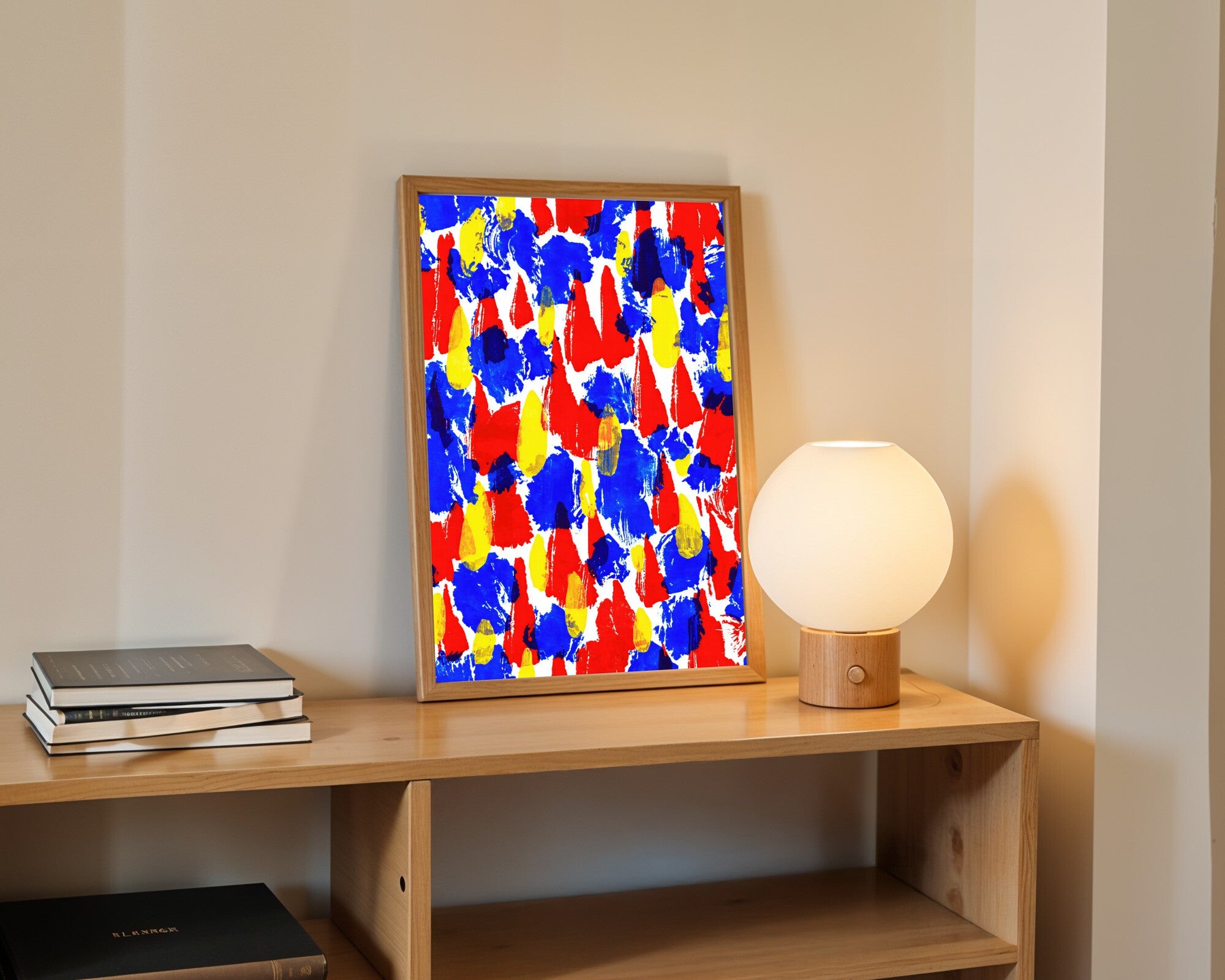 Primary Impulse, Abstract Gestural Wall Art | Red Blue Yellow Monoprint Art Print — room-p-shelf-wood