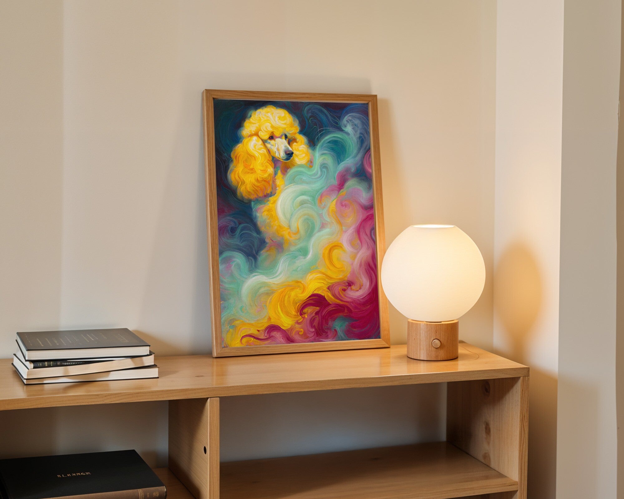 Poodle in Mist, Aqua Fuchsia Gold Abstract Animal Art Print for Wall — room-p-shelf-wood