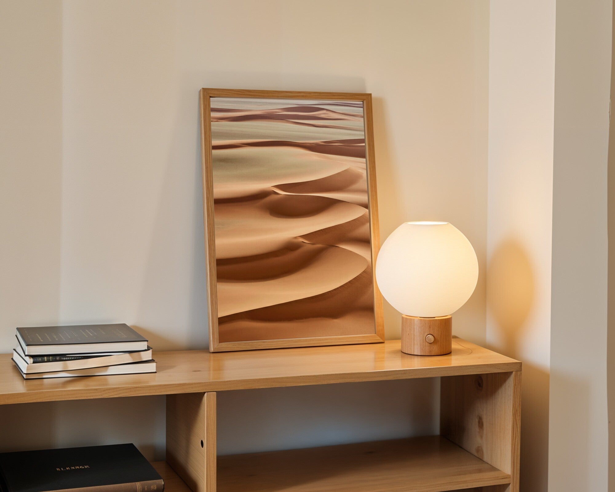 Terracotta Sweep, Abstract Art Print | Earth Tone Wall Art | Contemporary Home Decor — room-p-shelf-wood