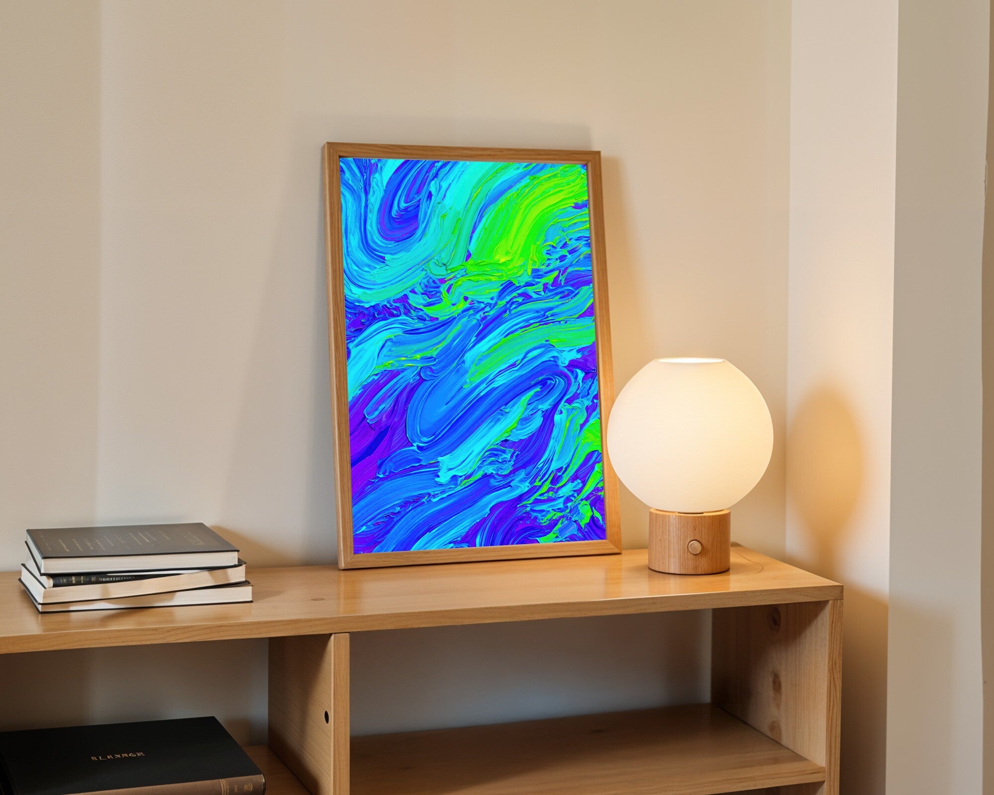 Neon Surge, Electric Impasto Abstract Art Print | Gestural Colour-Field Wall Art in Cyan, Violet & Lime — room-p-shelf-wood