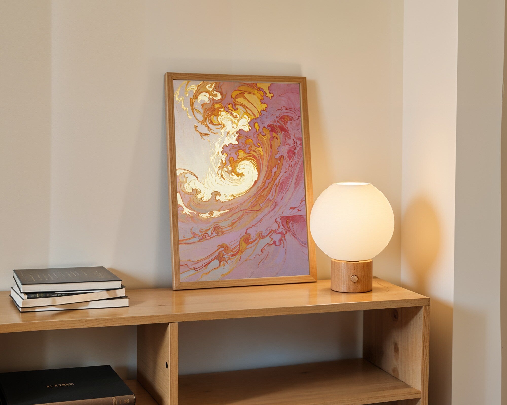 Art Nouveau Whiplash Lines Wall Art Print | Warm Ochre & Rose | Gestural Abstract — room-p-shelf-wood