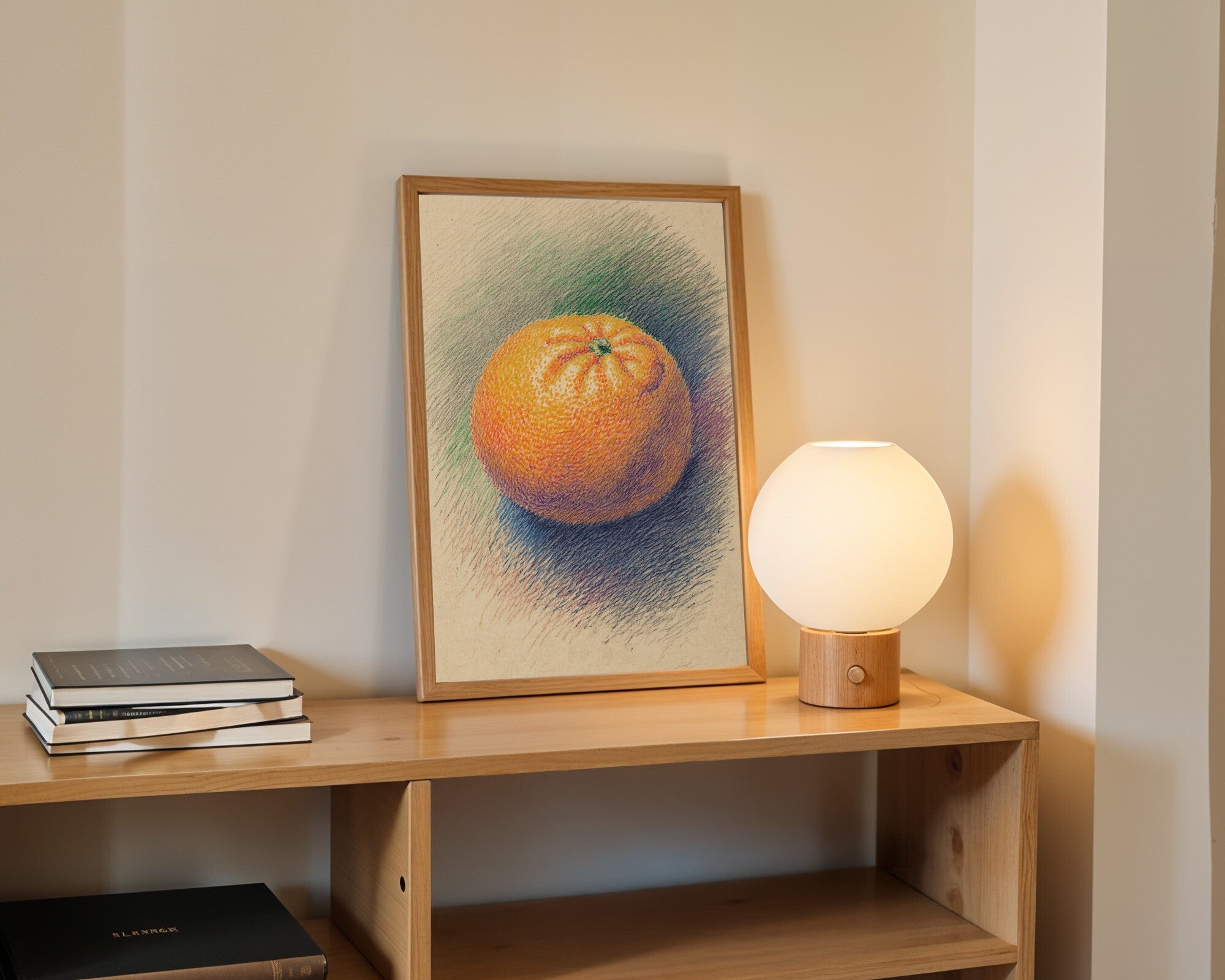 Navel Orange Void, Pointillist Art Print | Muted Tangerine, Emerald & Cobalt Wall Art — room-p-shelf-wood