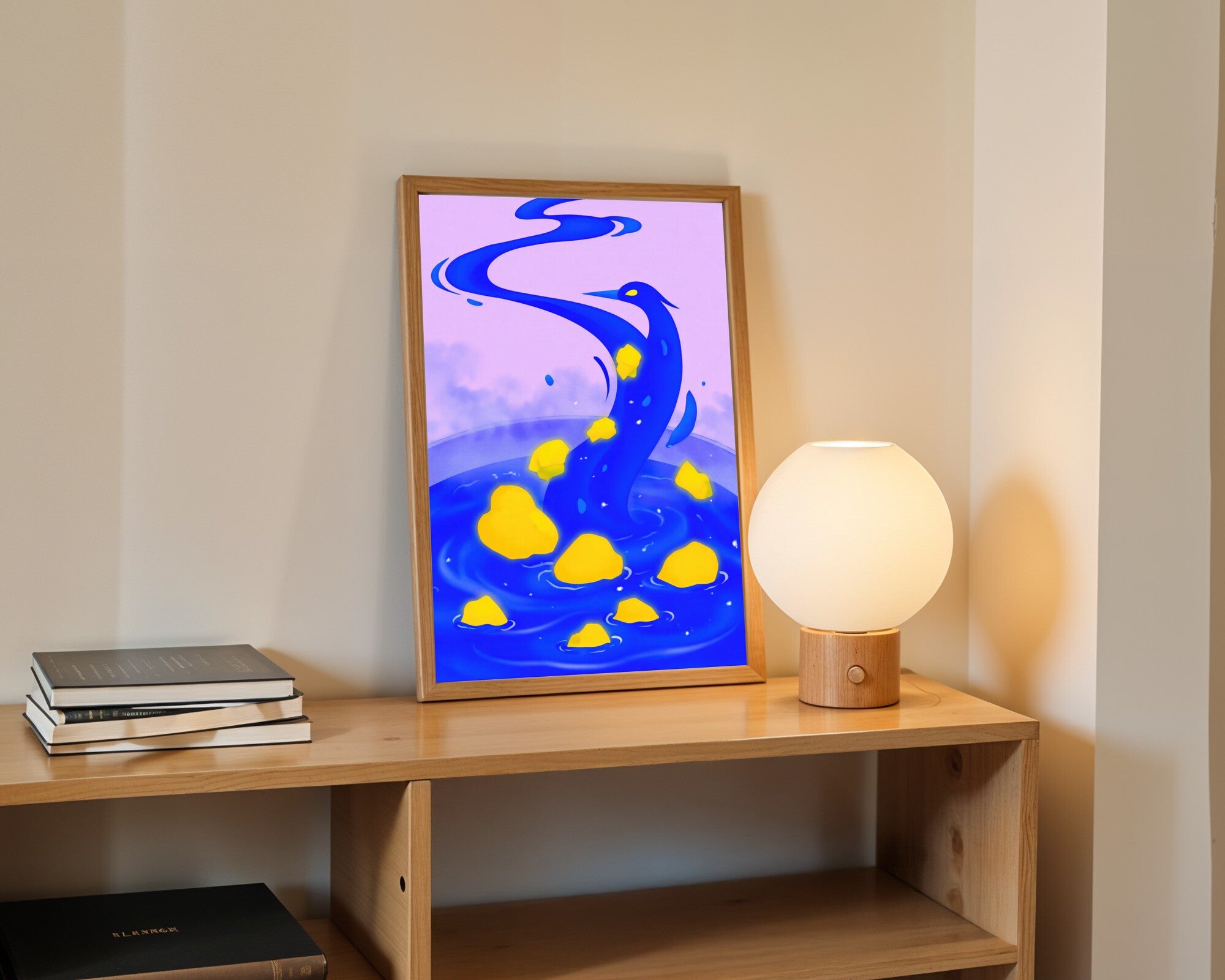 Abstract Heron Wall Art Print | Sapphire, Chartreuse & Lilac | Flowing Bird Art — room-p-shelf-wood