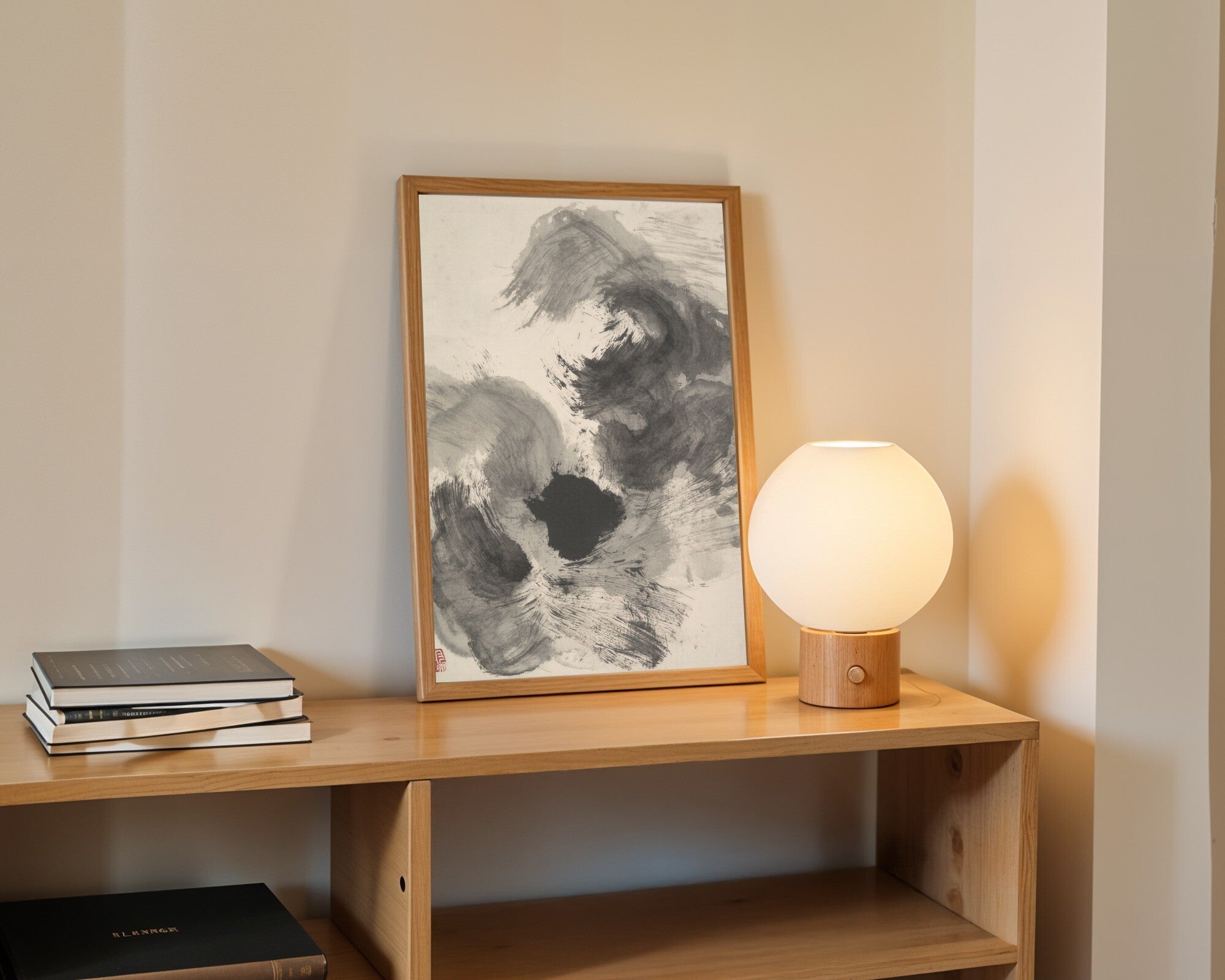 Ashen Drift, Sumi-e Ink Wash Wall Art, Tonal Monochrome Abstract Art Print — room-p-shelf-wood