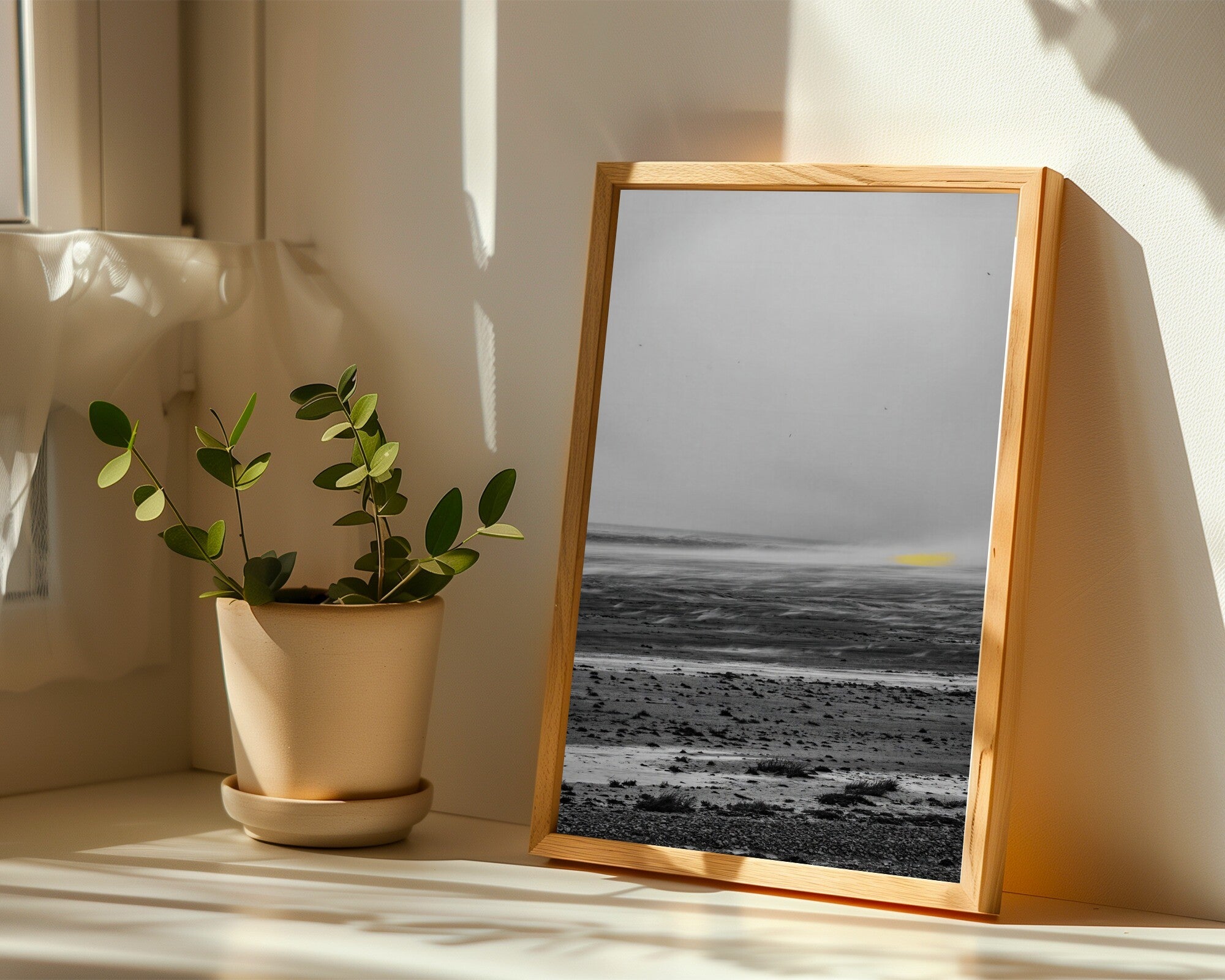Parched Wind, Graphite Landscape Wall Art | Minimalist Monochrome Art Print with Sulphur Accent — room-p-sill-wood