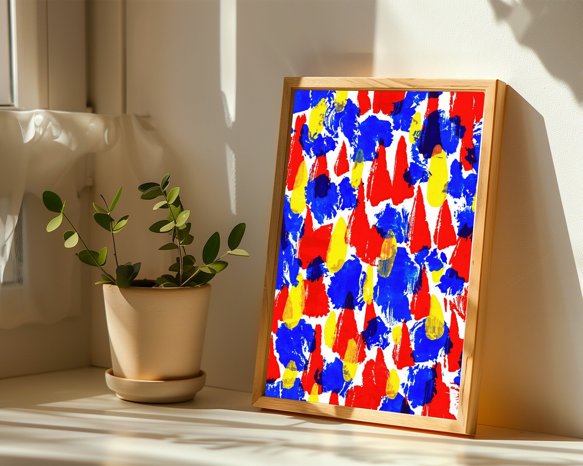 Primary Impulse, Abstract Gestural Wall Art | Red Blue Yellow Monoprint Art Print — room-p-sill-wood