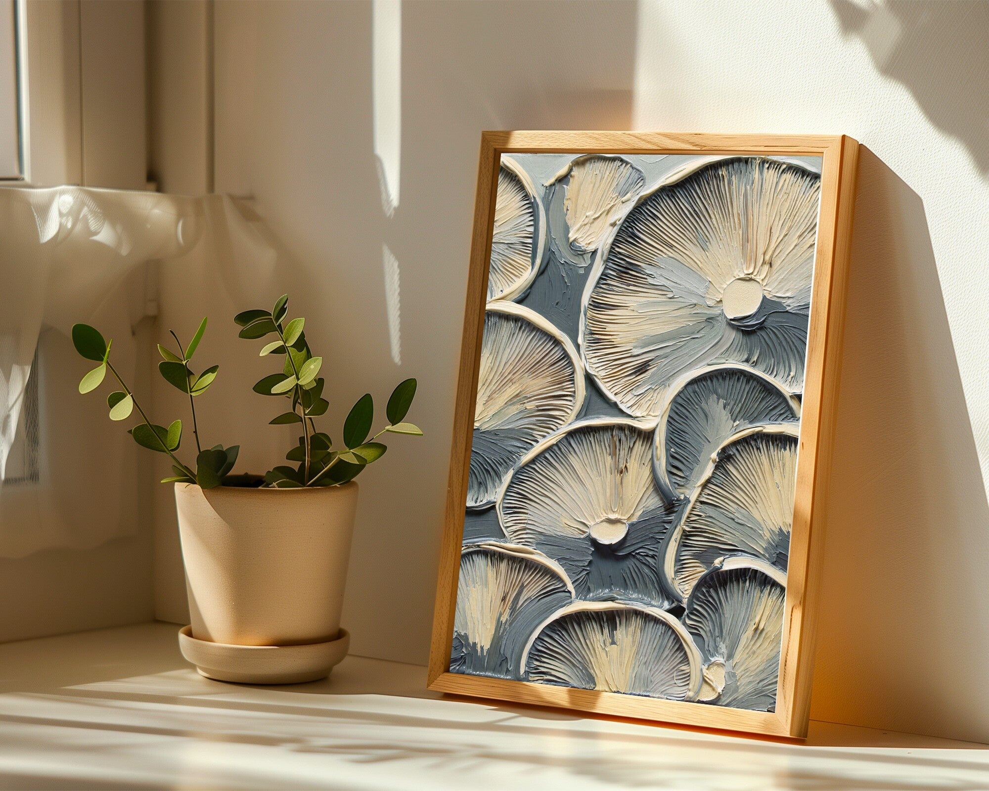 Mushroom Gills Art Print, Minimal Spattered Impasto Study, Warm Grey & Pewter Wall Art — room-p-sill-wood
