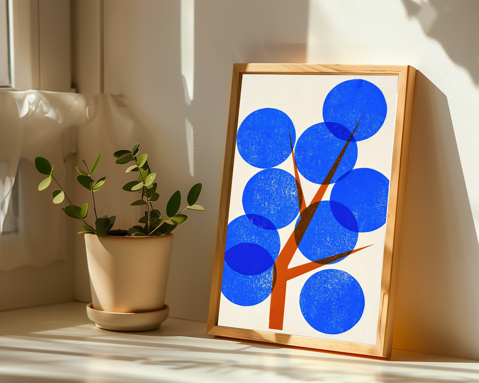 Silver Tree Bauhaus Wall Art, Geometric Abstract Art Print in Azure & Burnt Orange — room-p-sill-wood