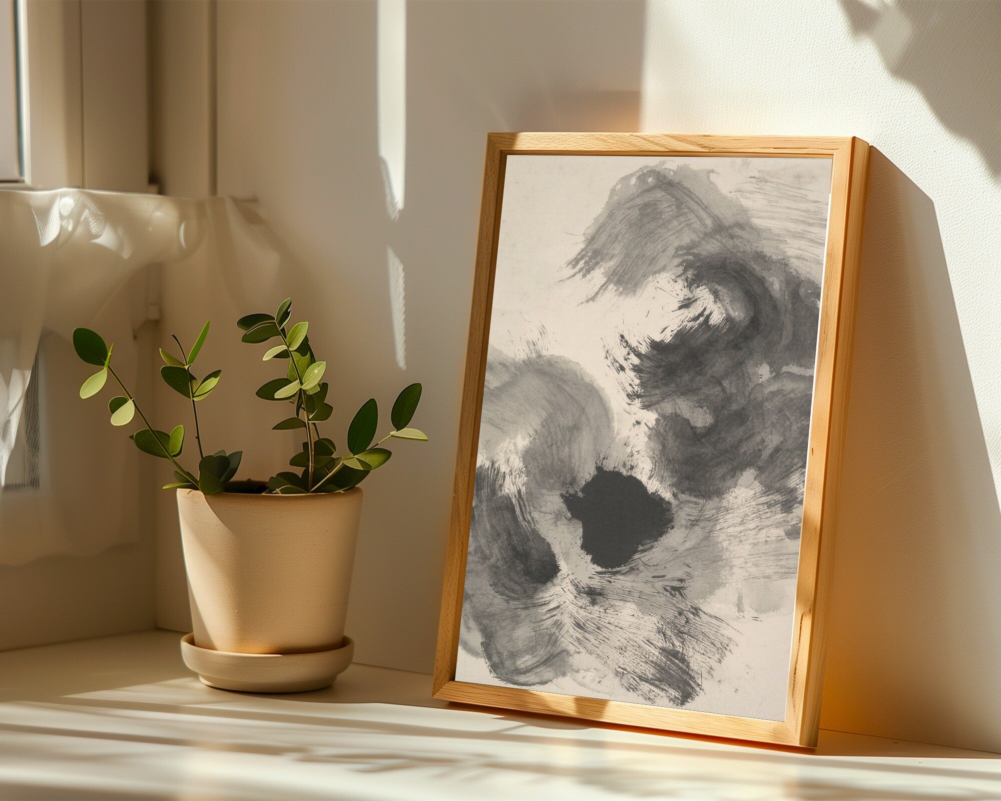 Ashen Drift, Sumi-e Ink Wash Wall Art, Tonal Monochrome Abstract Art Print — room-p-sill-wood