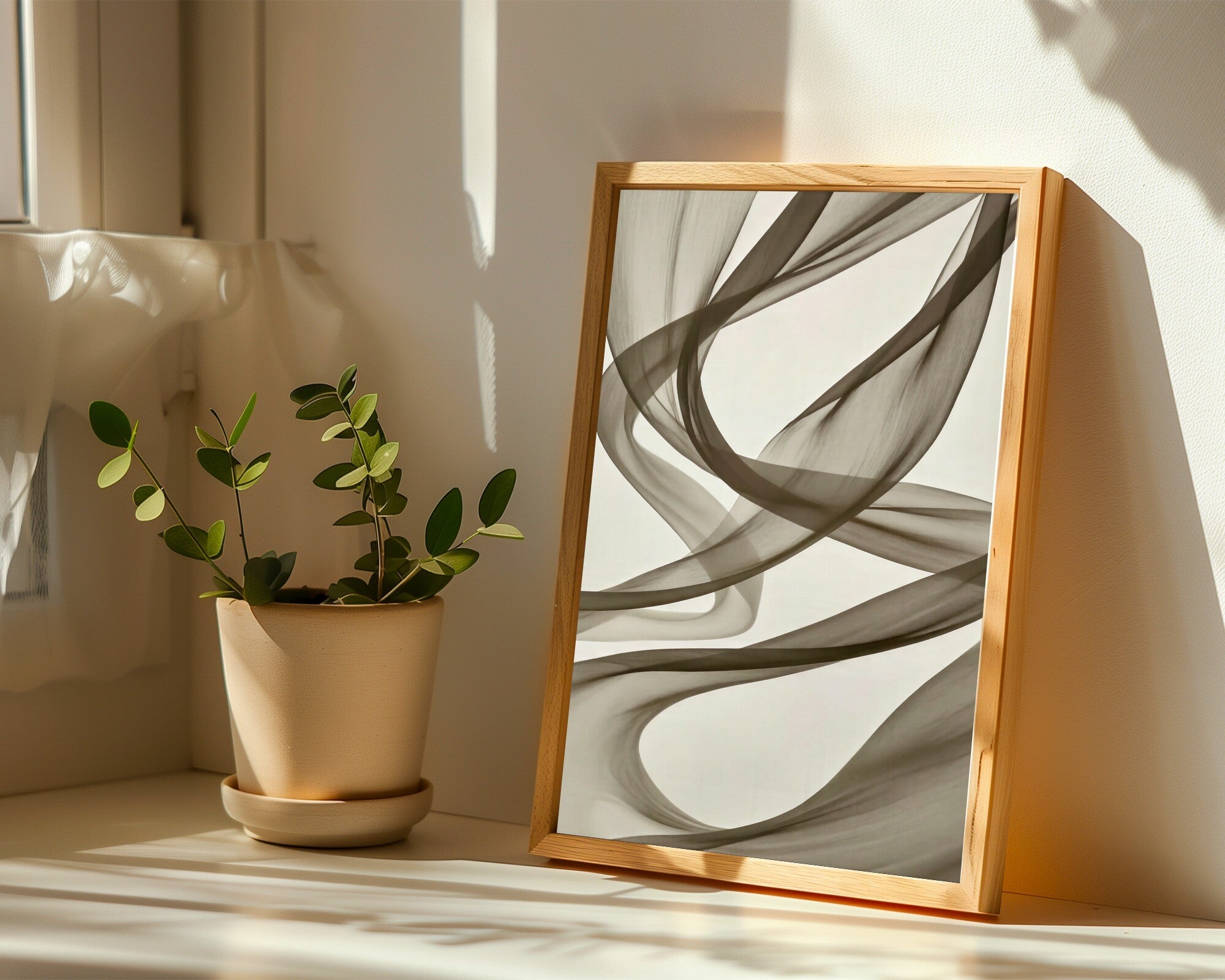 Flowing Silk Filaments Wall Art | Art Nouveau Whiplash | Monochrome Abstract Print — room-p-sill-wood