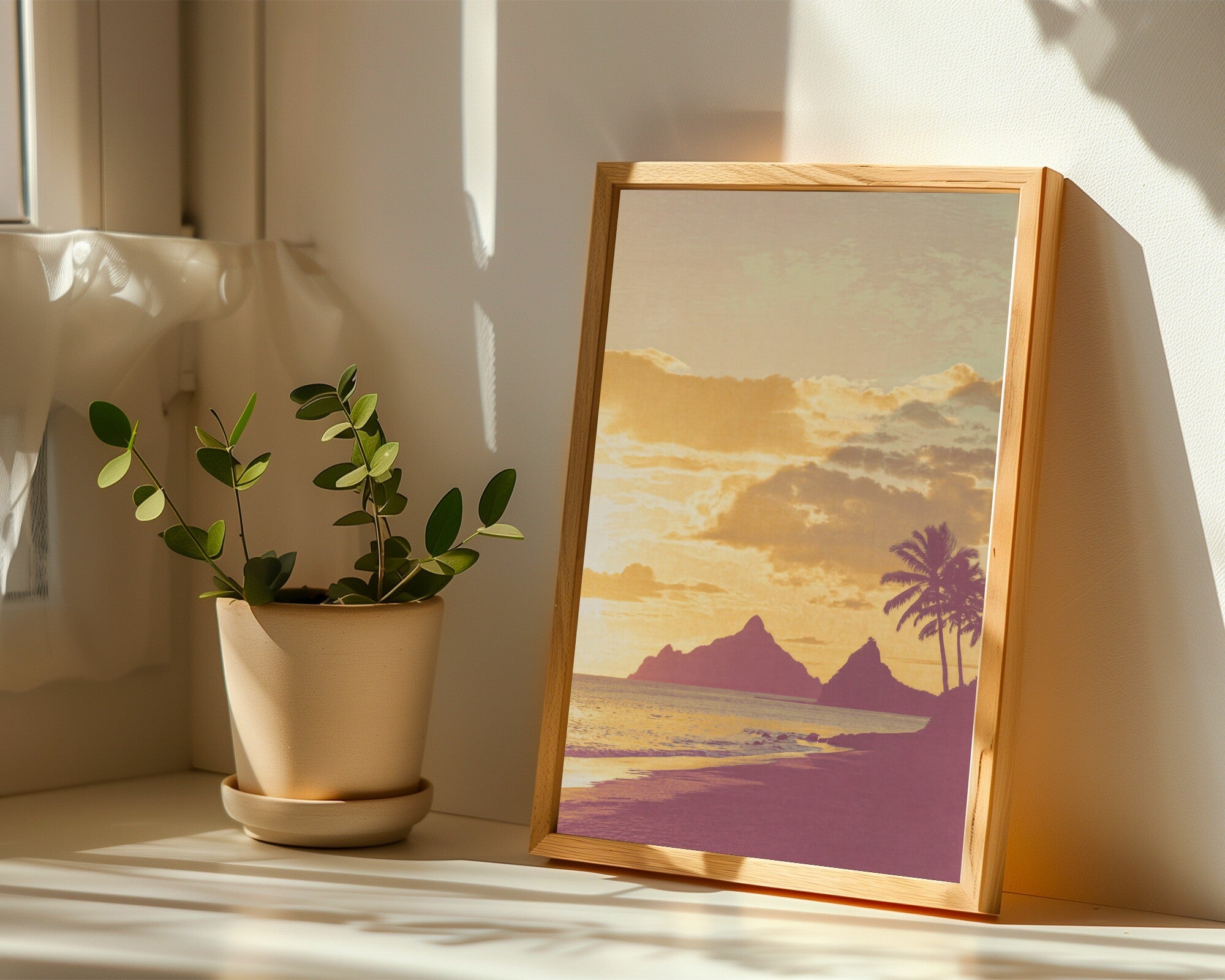 Tropical Coast Silhouette Art Print | Palm Fronds Wall Art | Warm Ochre & Rose Cyanotype — room-p-sill-wood