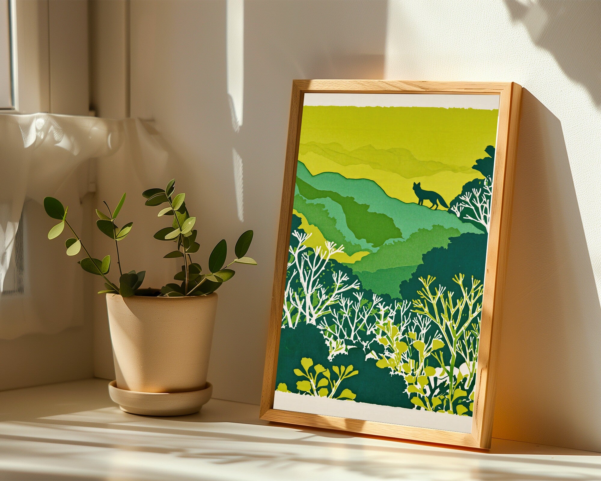 The Fox at Dusk, Graphic Risograph Art Print | Green Botanical Wall Art — room-p-sill-wood