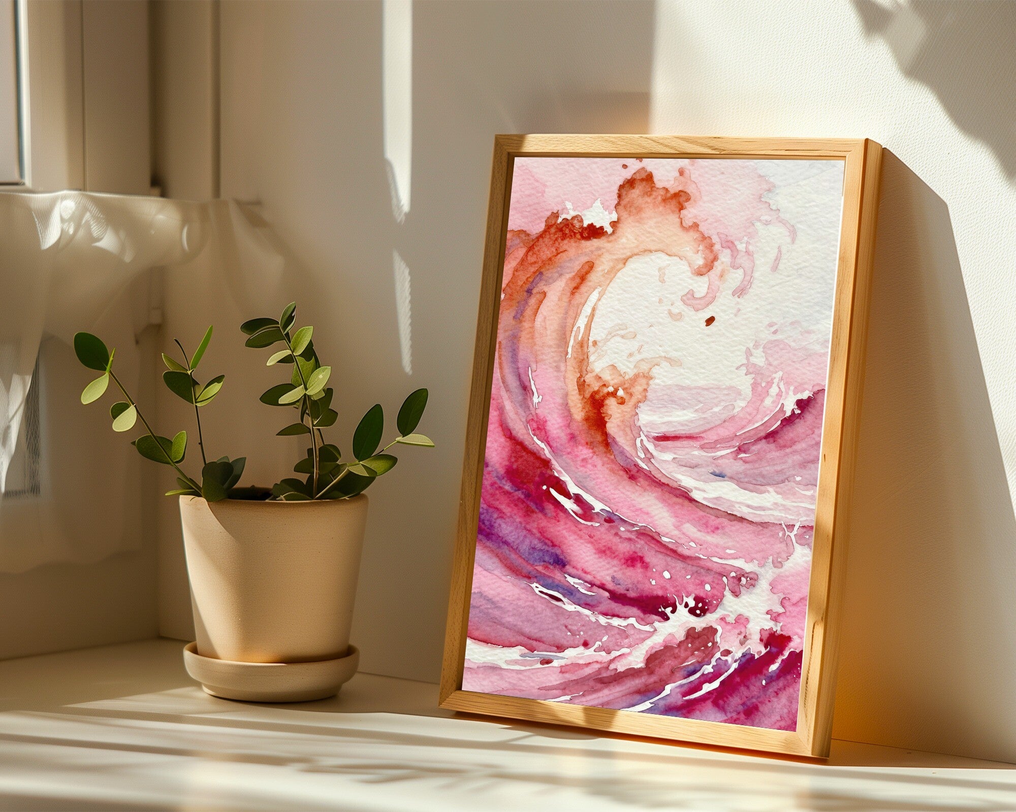 Crimson Tide Watercolour Wall Art Print, Seascape in Raspberry Blush and Rust — room-p-sill-wood