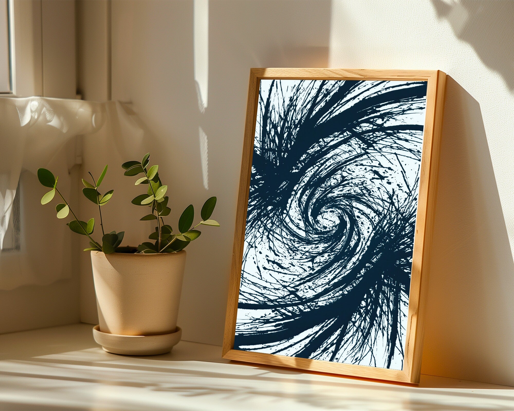 Centrifugal Void, Duotone Sumi-E Ink Wall Art | Abstract Brushstroke Art Print — room-p-sill-wood