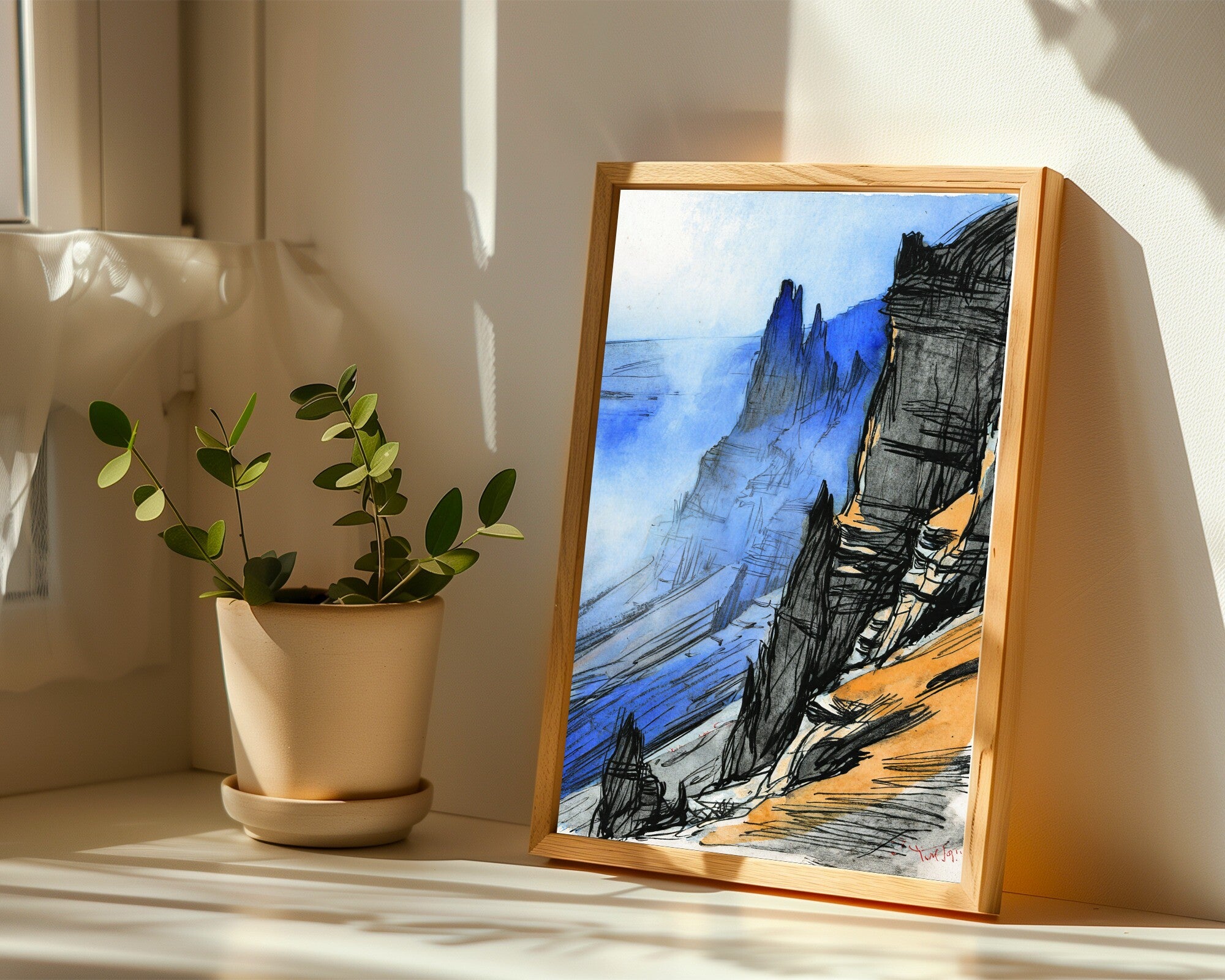 Desert Cliffs in Mist, Charcoal & Amber Art Print | Expressive Gesture Drawing Wall Art — room-p-sill-wood
