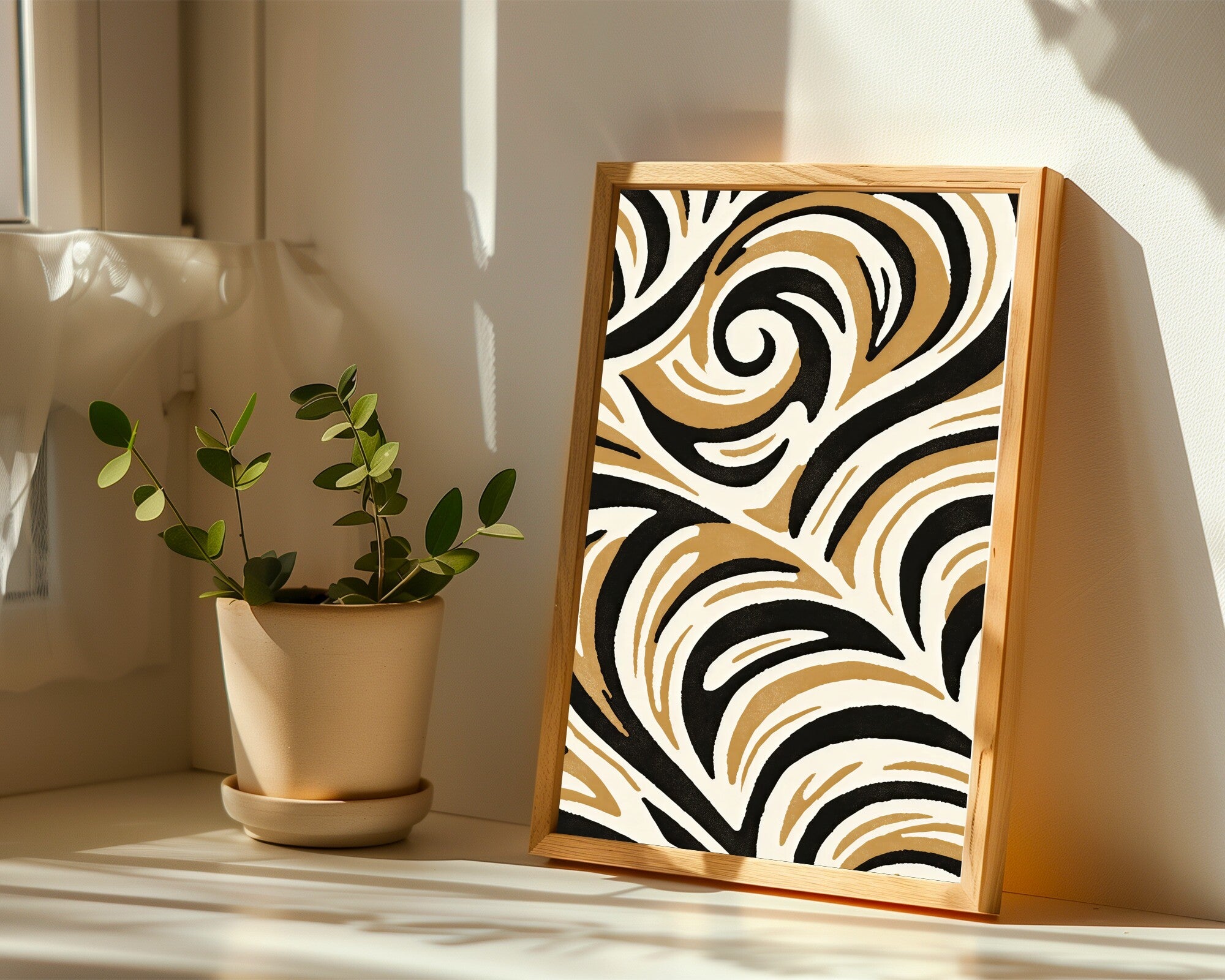 Rhythmic Arcs, Abstract Art Print | Organic Curves Wall Art in Charcoal, Cream & Sepia — room-p-sill-wood