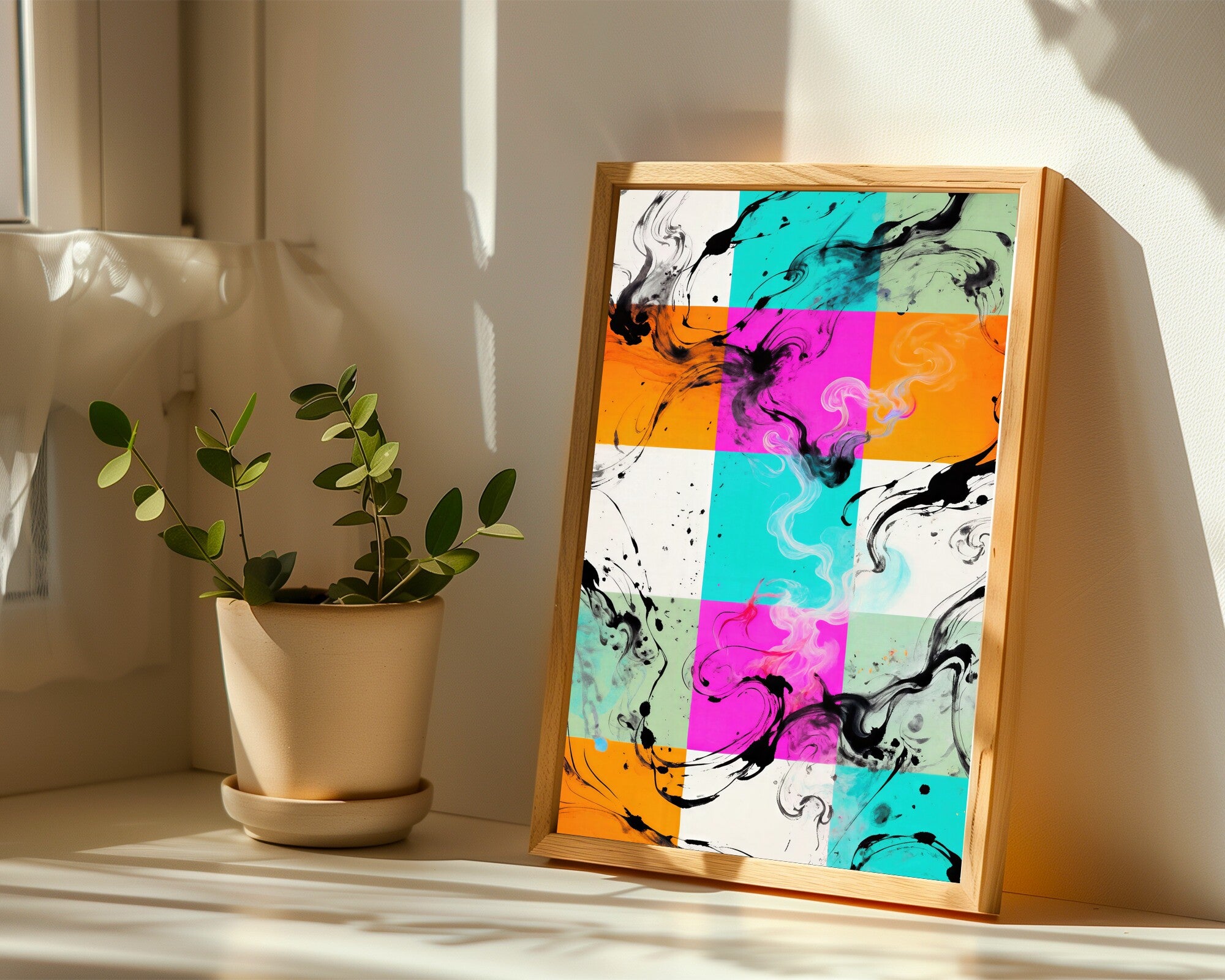 Calefaction, Sumi-e Ink Wash Heat Wave Wall Art Print | Turquoise Fuchsia Tangerine — room-p-sill-wood