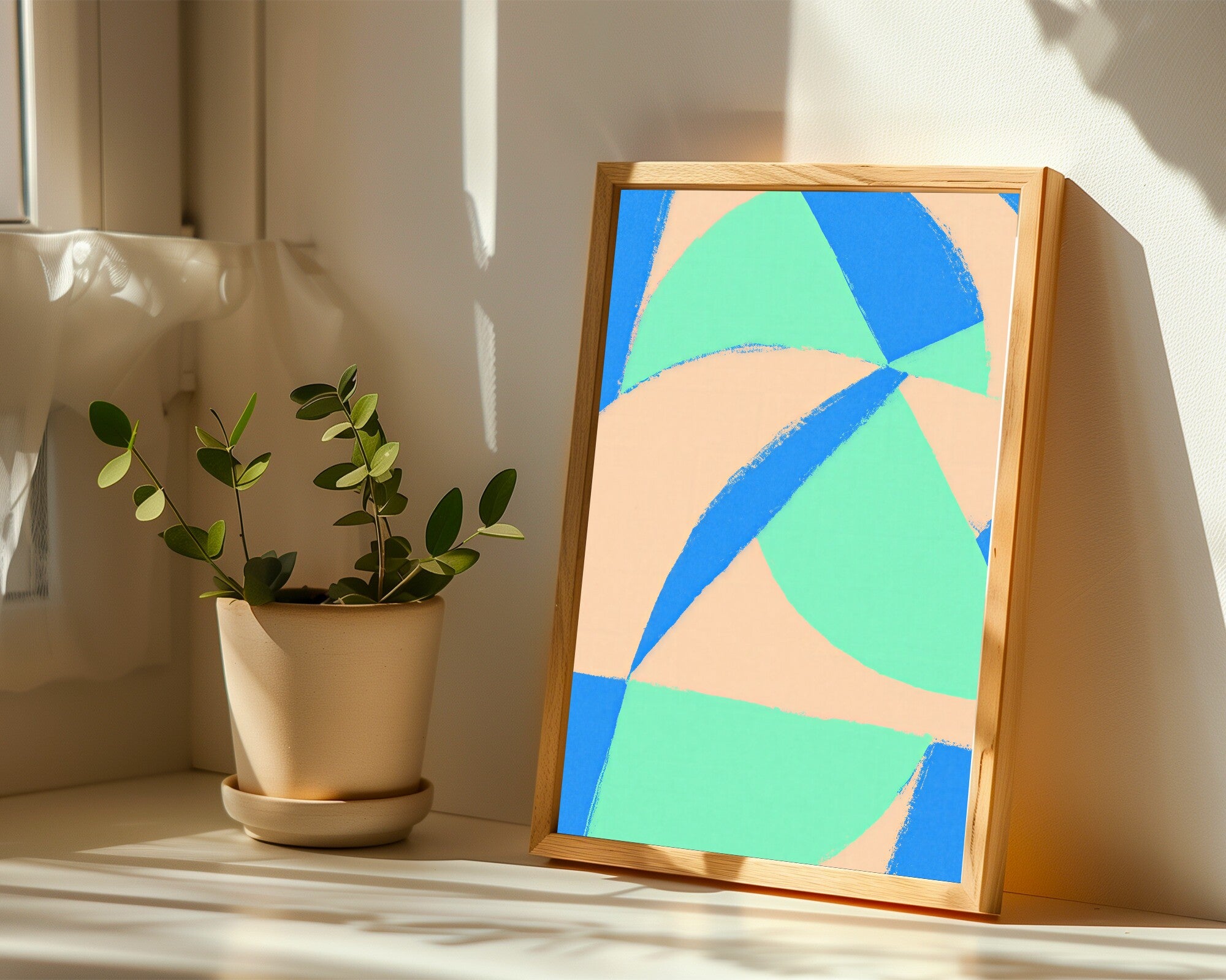 Pastel Geometric Wall Art, Hard-Edge Crescents & Triangles | Apricot Mint Blue Abstract Art Print — room-p-sill-wood
