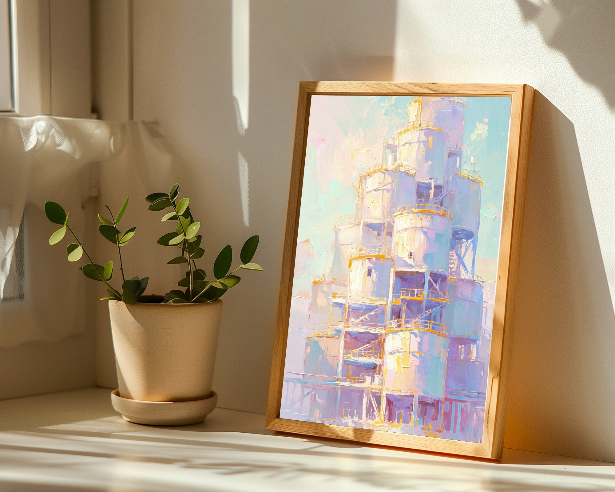 Dreamvault, Looming Architecture Wall Art in Luminous Pastels | Impasto Oil Style — room-p-sill-wood