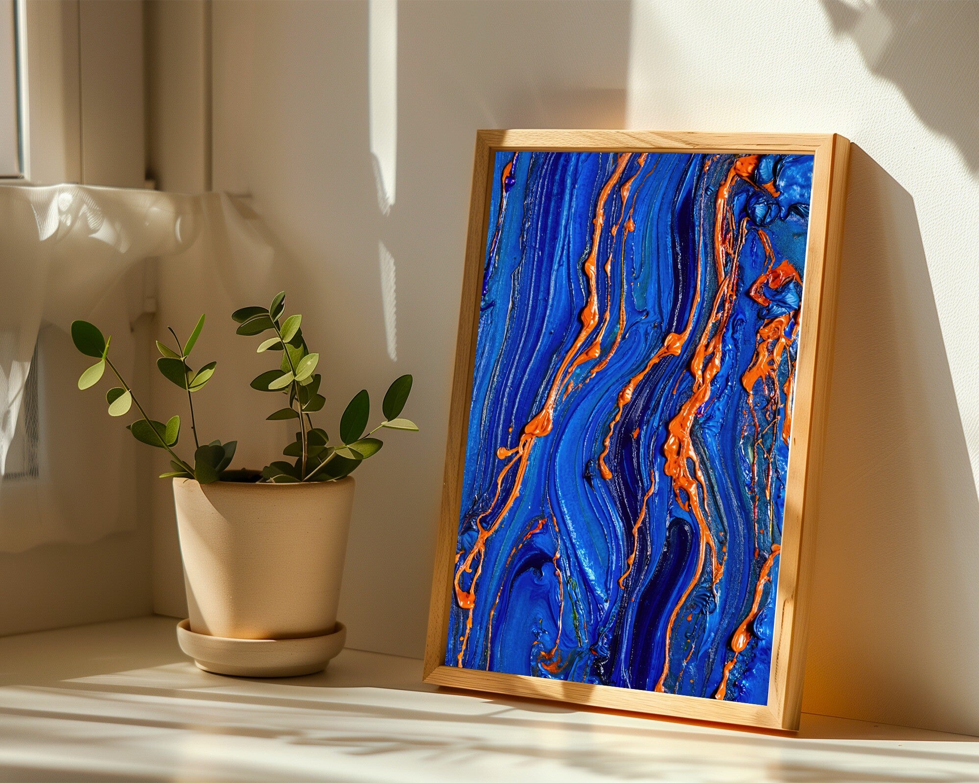 Woven Dusk, Encaustic Abstract Art Print | Midnight Indigo & Burnt Orange Textured Wall Art — room-p-sill-wood