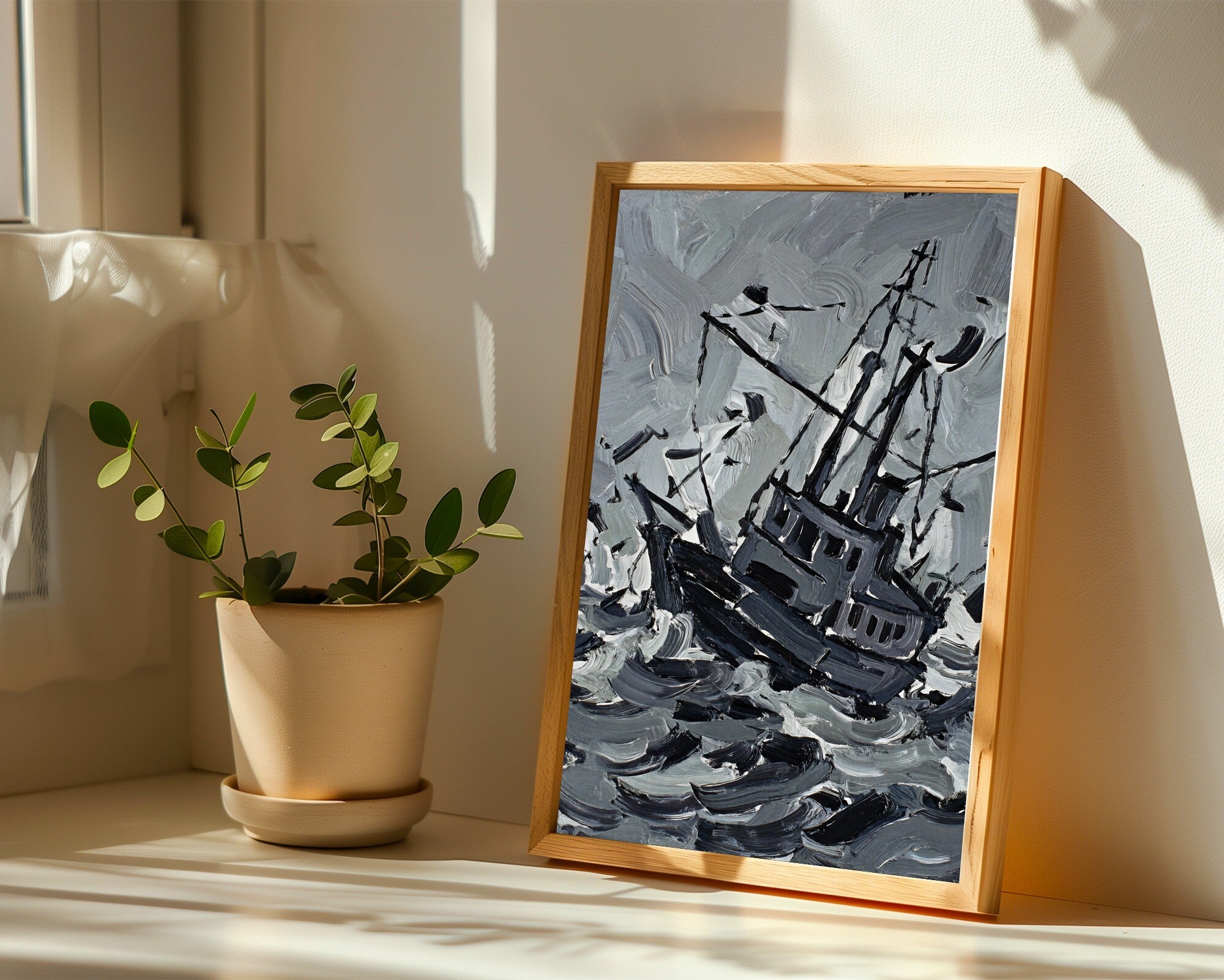 Into the Void, Fractured Ship Wall Art | Gestural Impasto Art Print, Slate Grey & Charcoal — room-p-sill-wood