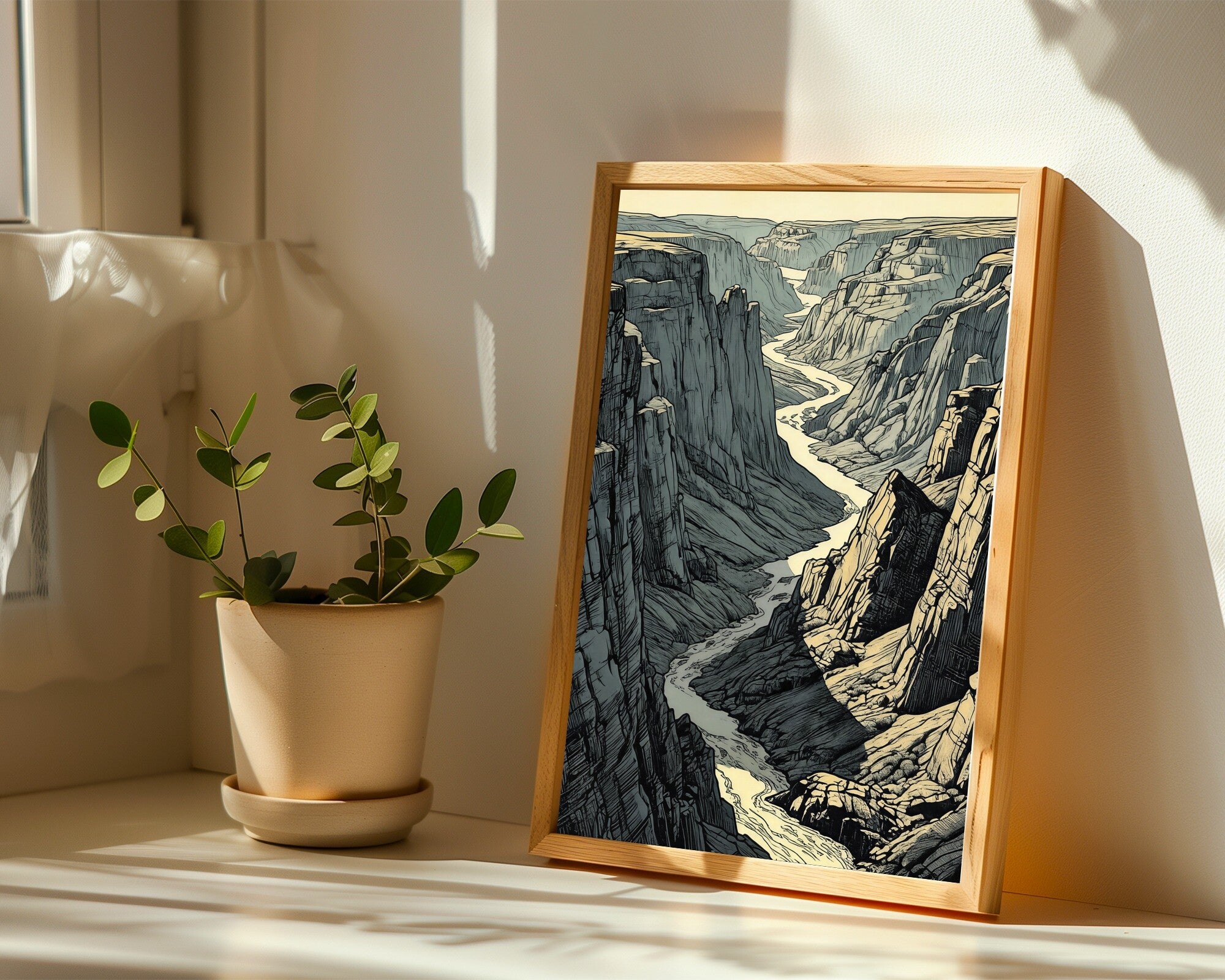 The Great River, Canyon Landscape Art Print | Ink Cross-Hatch | Graphite & Sepia Wall Art — room-p-sill-wood